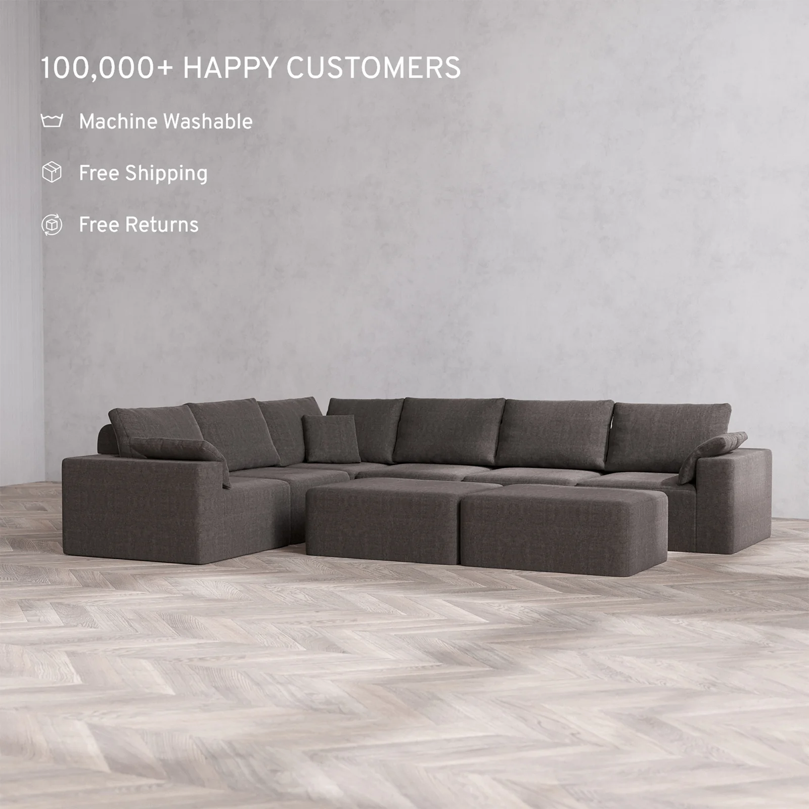 Slipcover Only - Modular Washable 6-Seater Corner Sectional + Chaise Ottoman Bench Cloud + Bolster Sofa in Truffle - Image 2