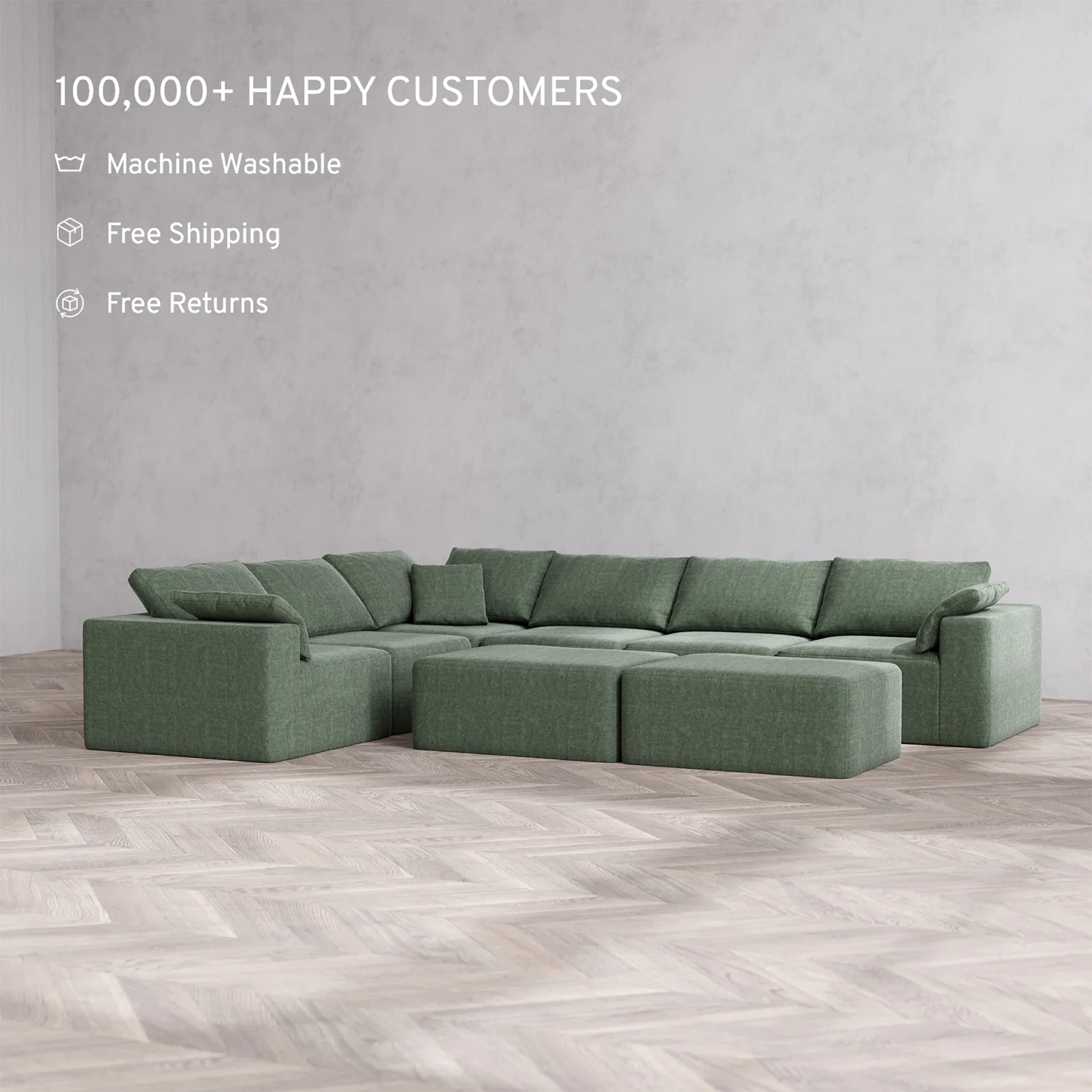 Slipcover Only - Modular Washable 6-Seater Corner Sectional + Chaise Ottoman Bench Cloud Sofa in Sage - Image 2