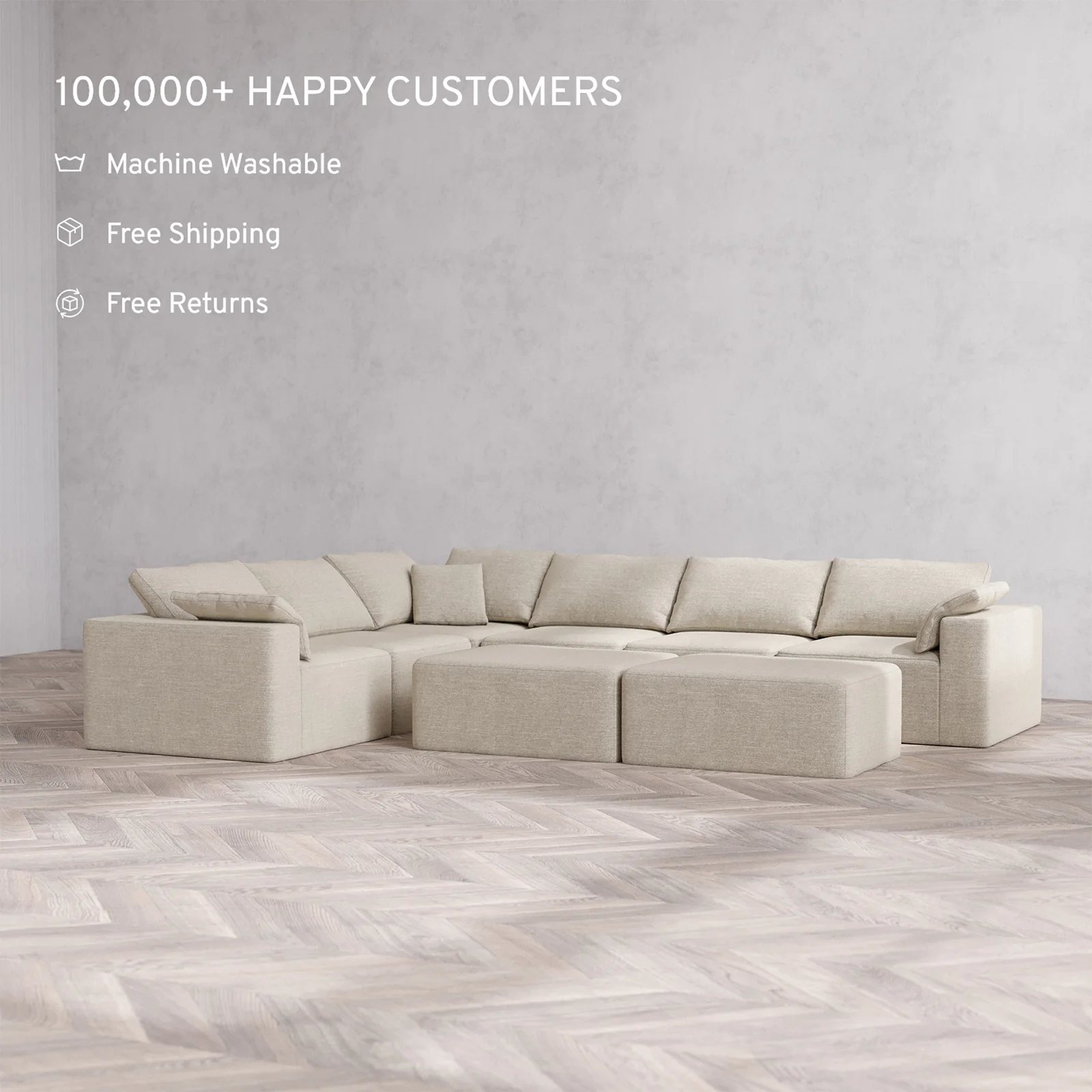 Slipcover Only - Modular Washable 6-Seater Corner Sectional + Chaise Ottoman Bench Cloud Sofa in Sandstone - Image 2