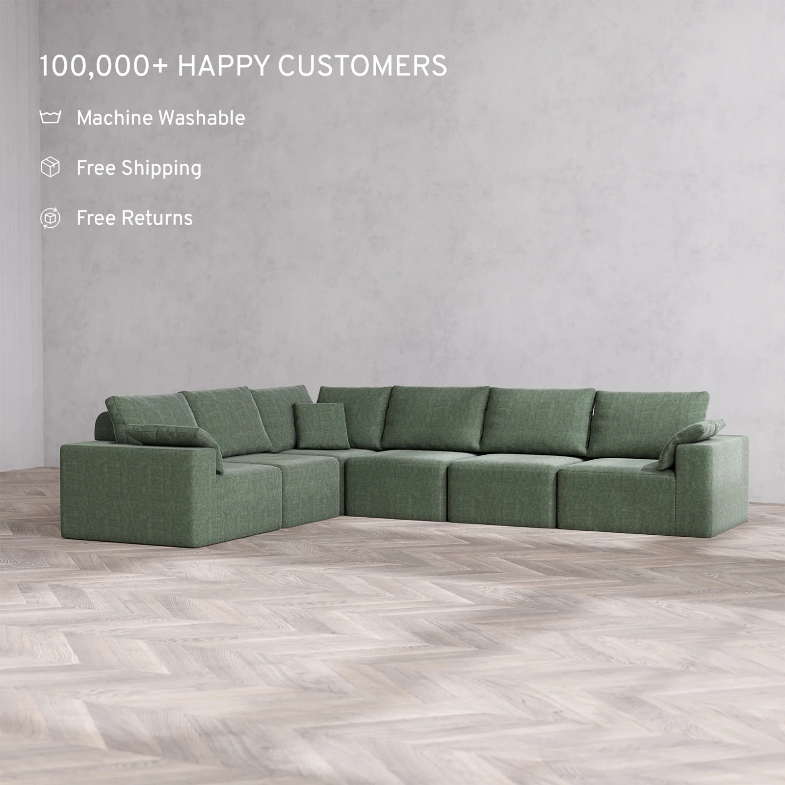 Slipcover Only - Modular Washable 6-Seater Corner Sectional Cloud + Bolster Sofa in Sage - Image 2