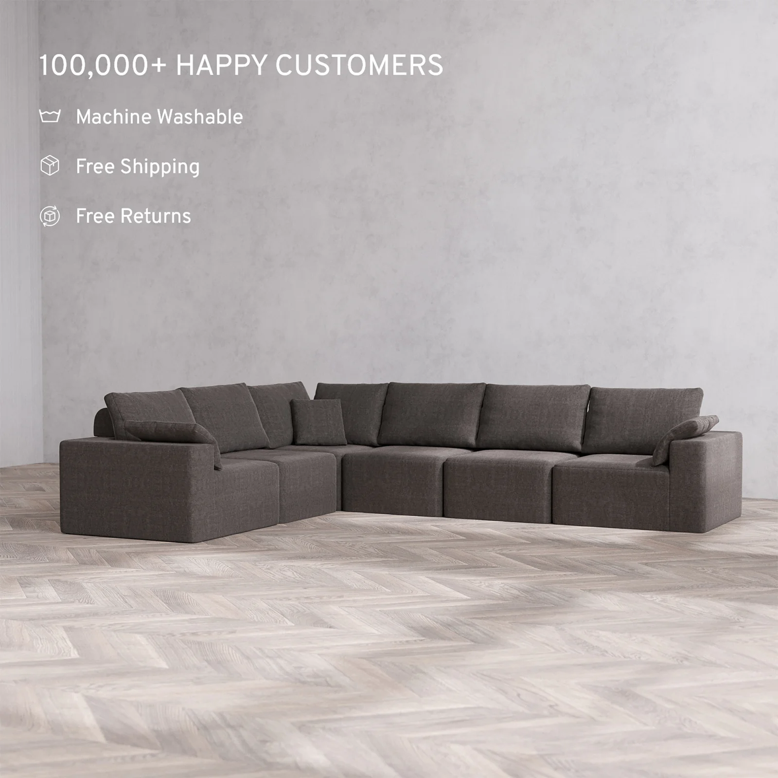 Slipcover Only - Modular Washable 6-Seater Corner Sectional Cloud + Bolster Sofa in Truffle - Image 2