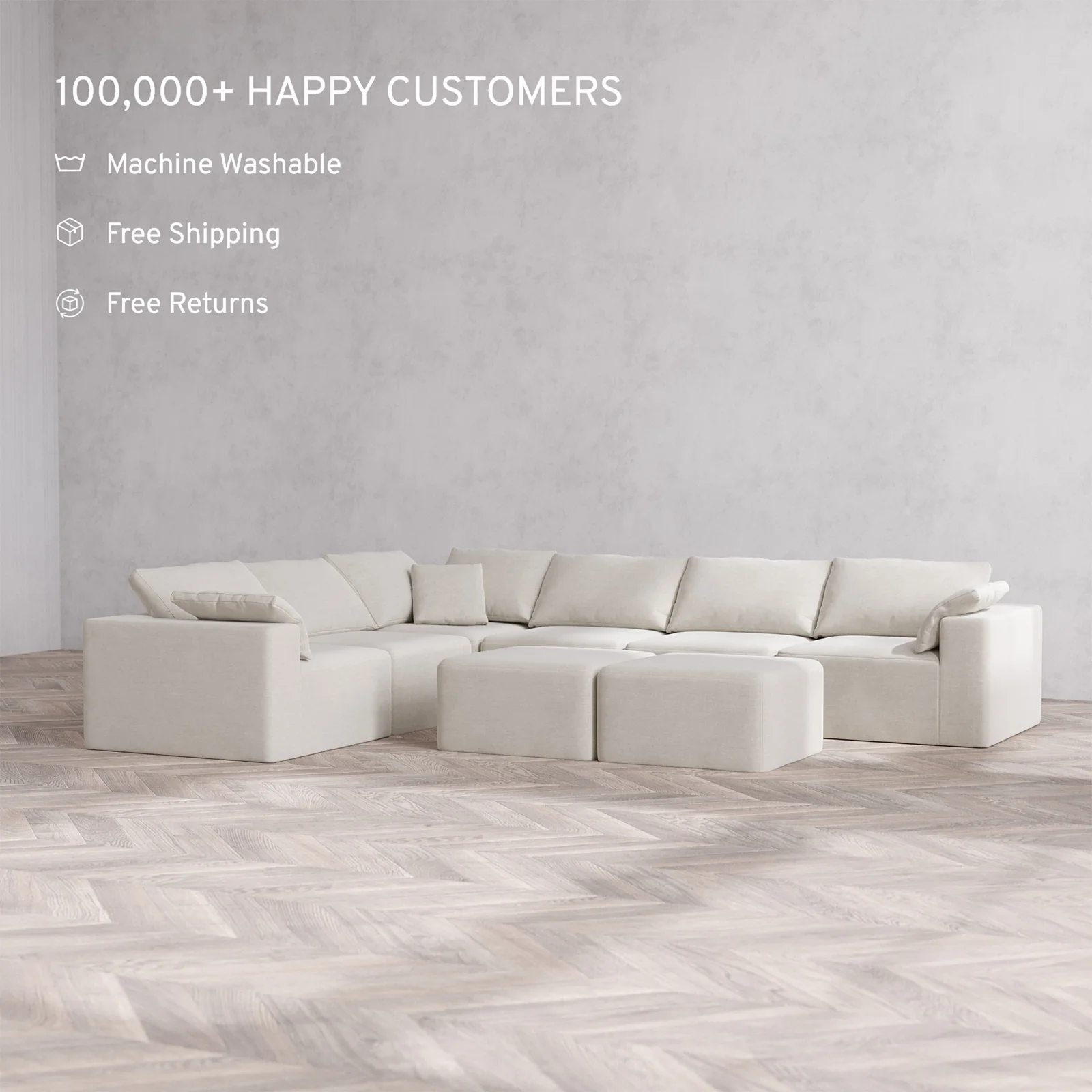 Slipcover Only - Modular Washable 6-Seater Corner Sectional + Ottoman Bench Cloud Sofa in Cashew - Image 2
