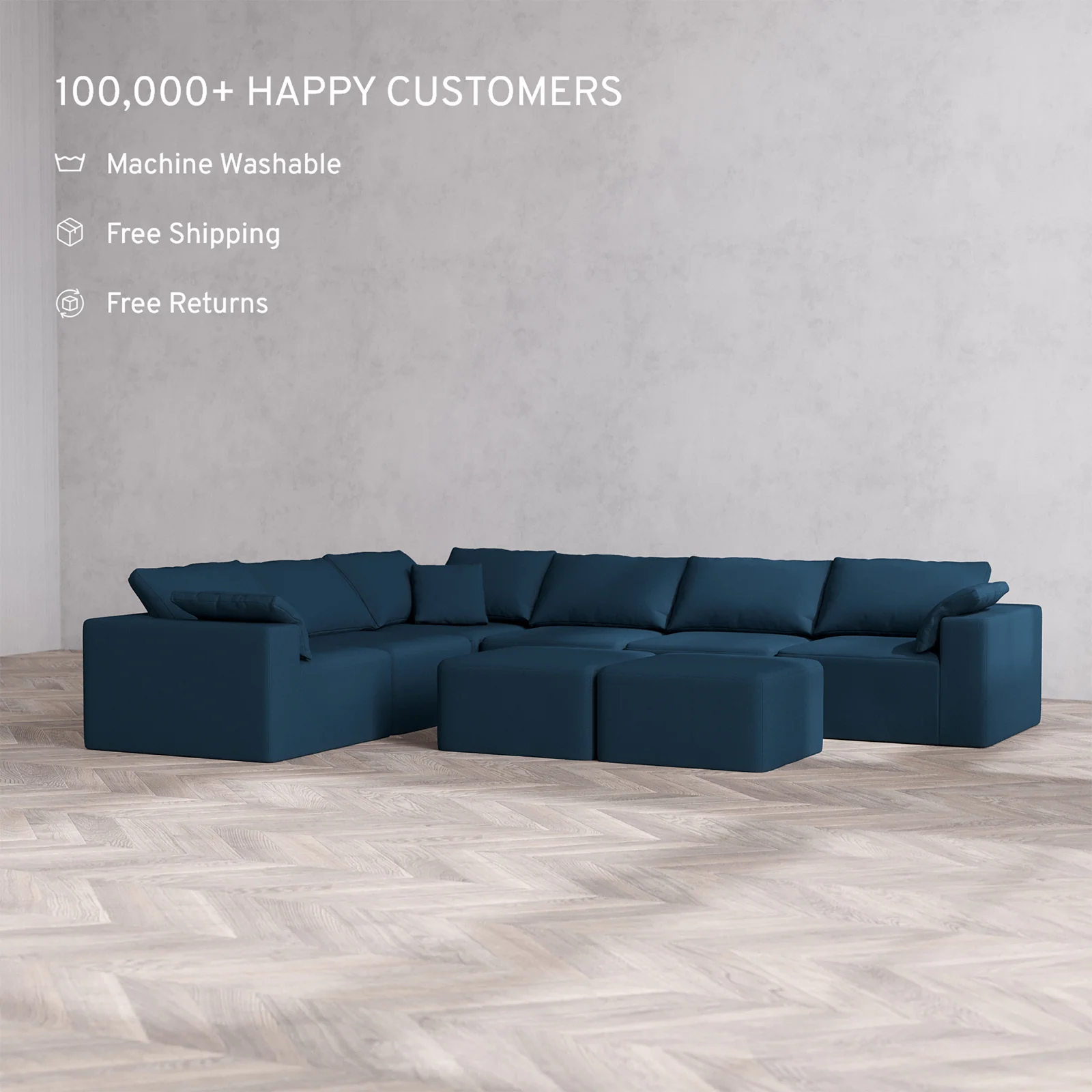Slipcover Only - Modular Washable 6-Seater Corner Sectional + Ottoman Bench Cloud Sofa in Lazuli - Image 2