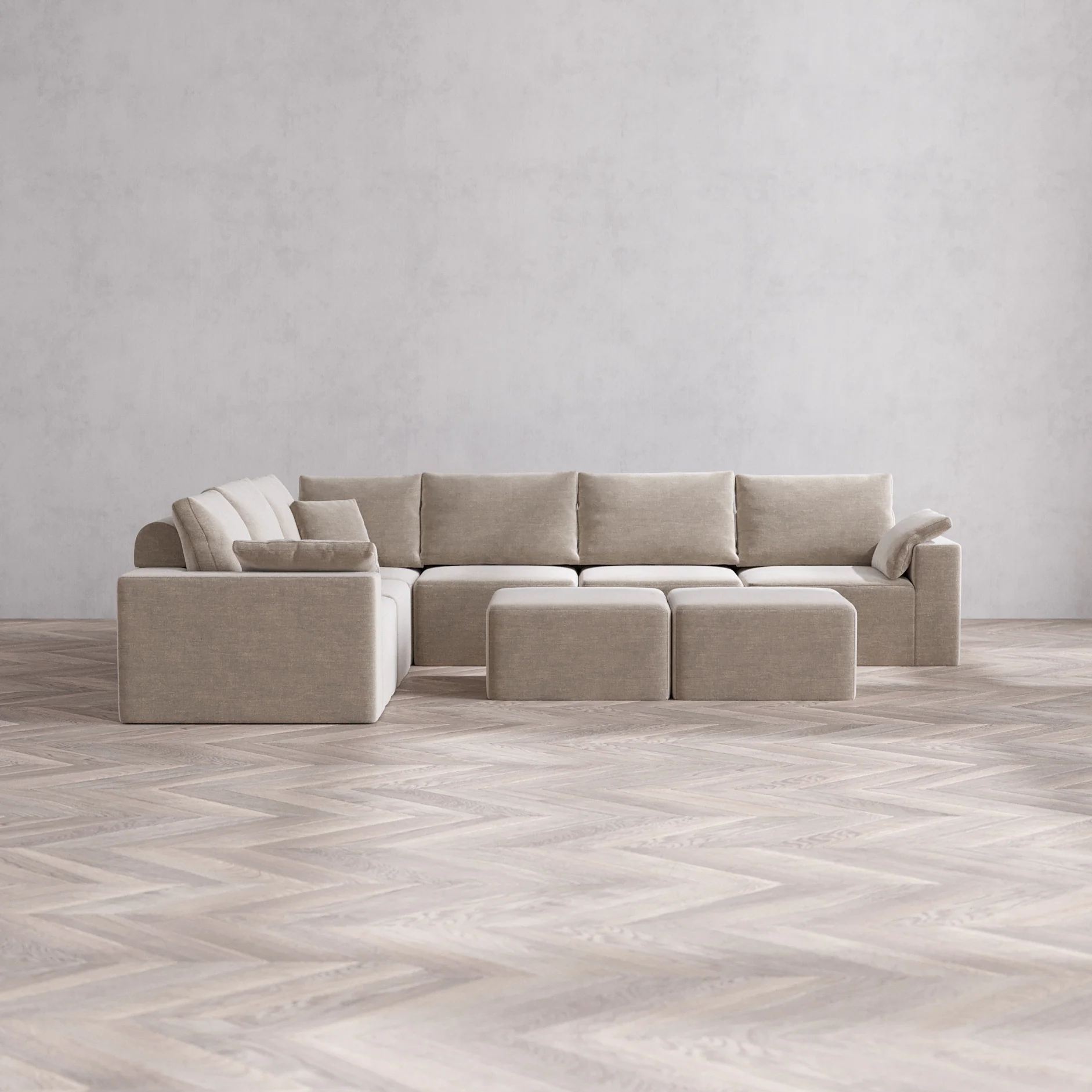 Slipcover Only - Modular Washable 6-Seater Corner Sectional + Ottoman Bench Cloud + Bolster Sofa in Caraway
