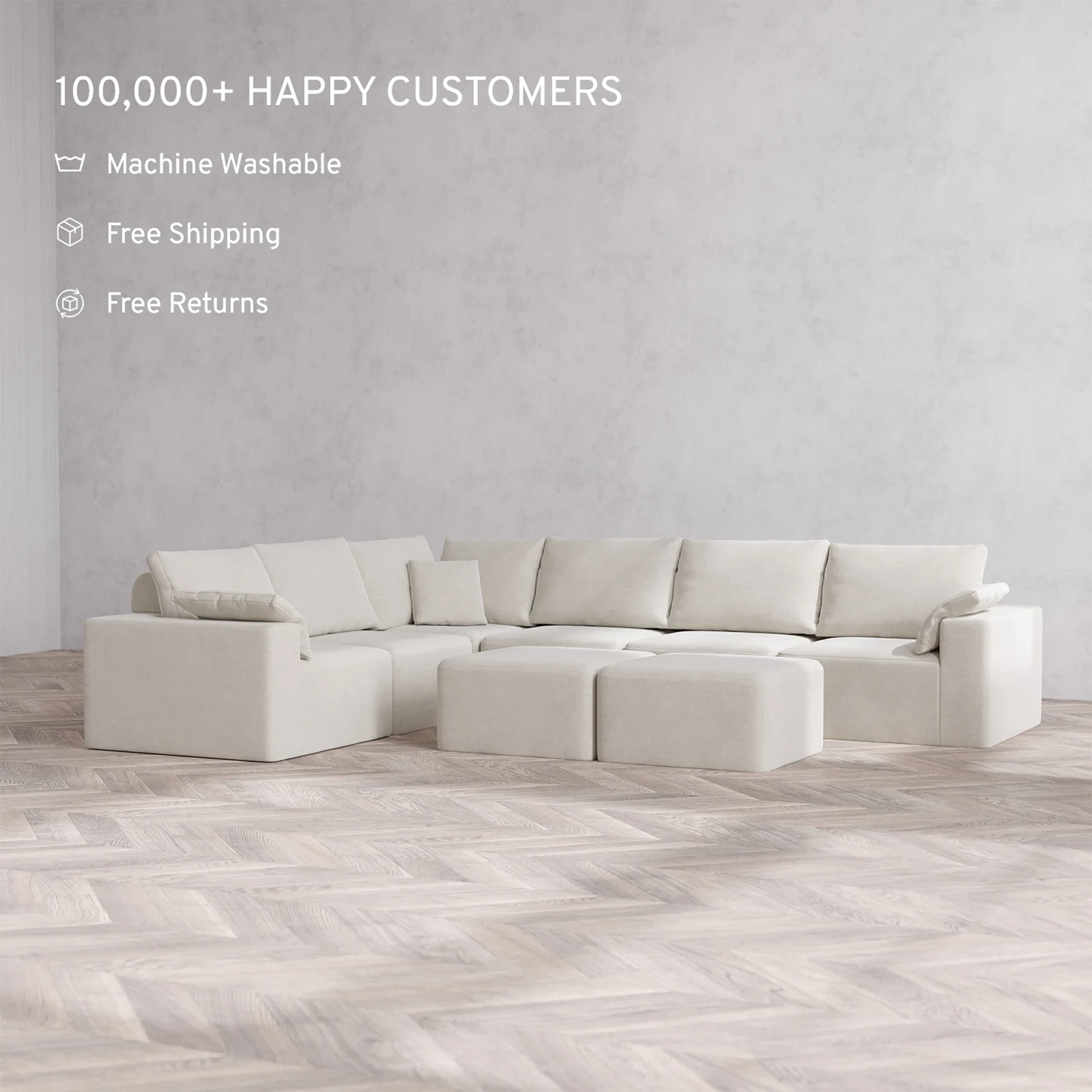 Slipcover Only - Modular Washable 6-Seater Corner Sectional + Ottoman Bench Cloud + Bolster Sofa in Cashew - Image 2