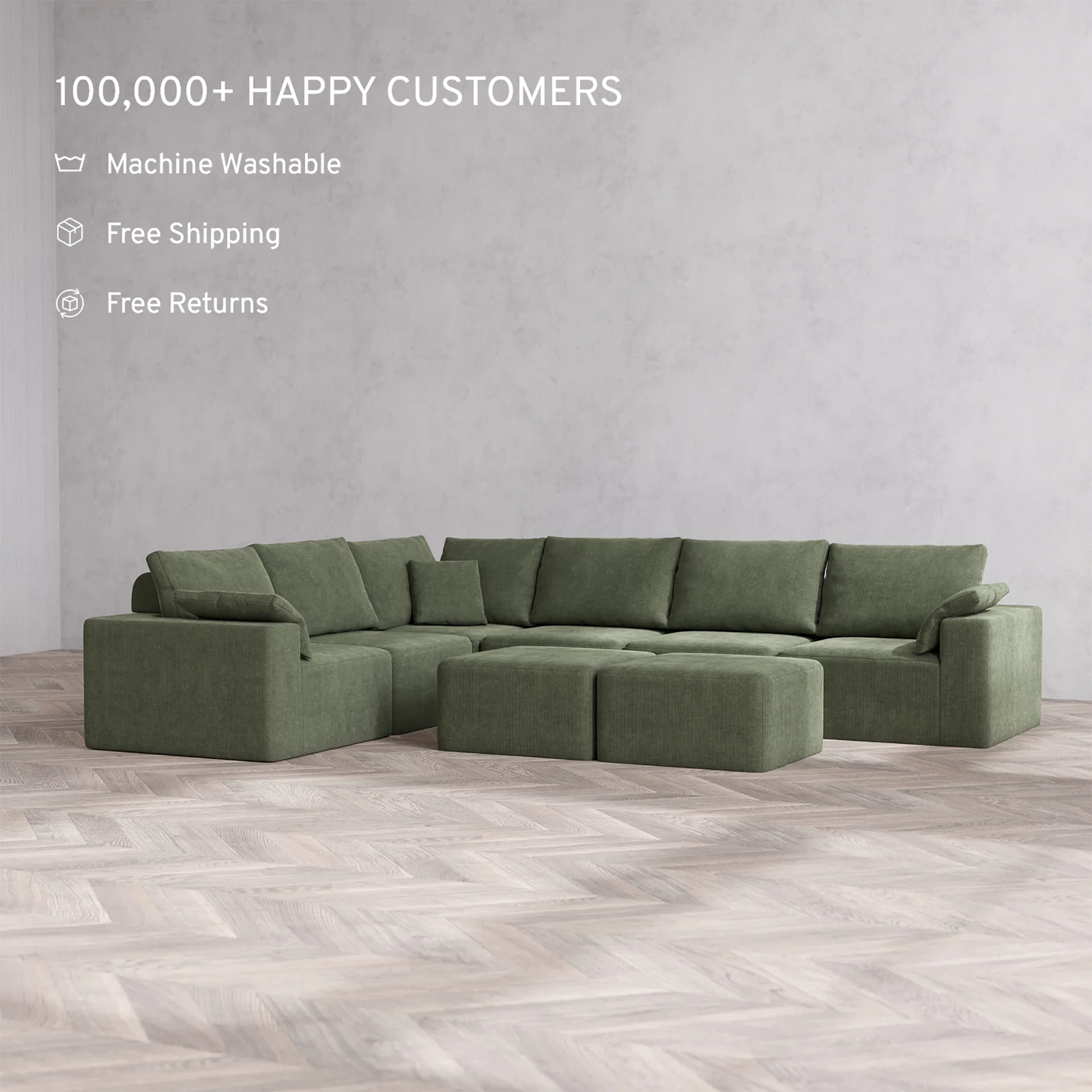 Slipcover Only - Modular Washable 6-Seater Corner Sectional + Ottoman Bench Cloud + Bolster Sofa in Juniper - Image 2