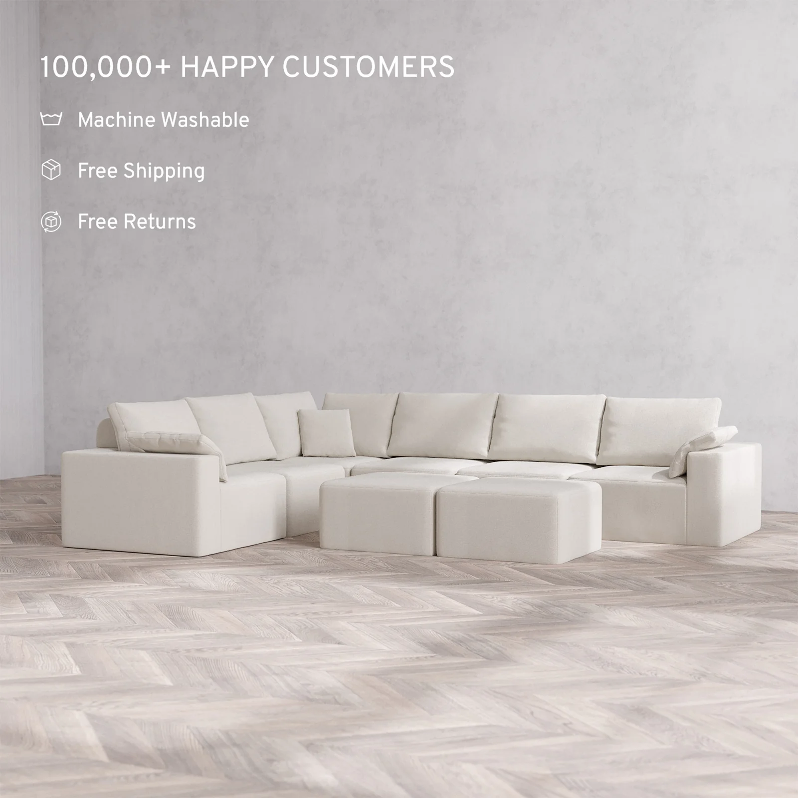 Slipcover Only - Modular Washable 6-Seater Corner Sectional + Ottoman Bench Cloud + Bolster Sofa in Pearl - Image 2