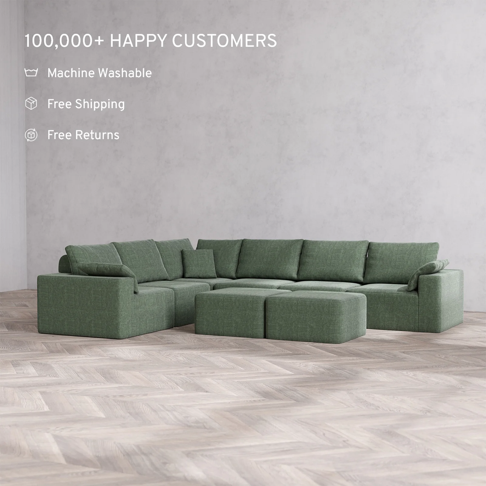 Slipcover Only - Modular Washable 6-Seater Corner Sectional + Ottoman Bench Cloud + Bolster Sofa in Sage - Image 2