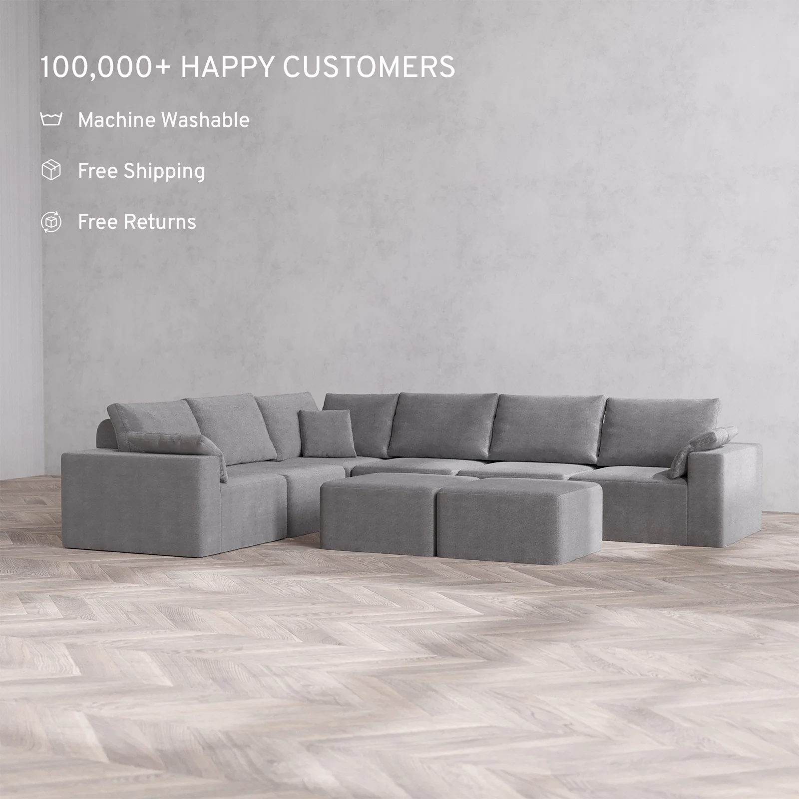 Slipcover Only - Modular Washable 6-Seater Corner Sectional + Ottoman Bench Cloud + Bolster Sofa in Slate - Image 2