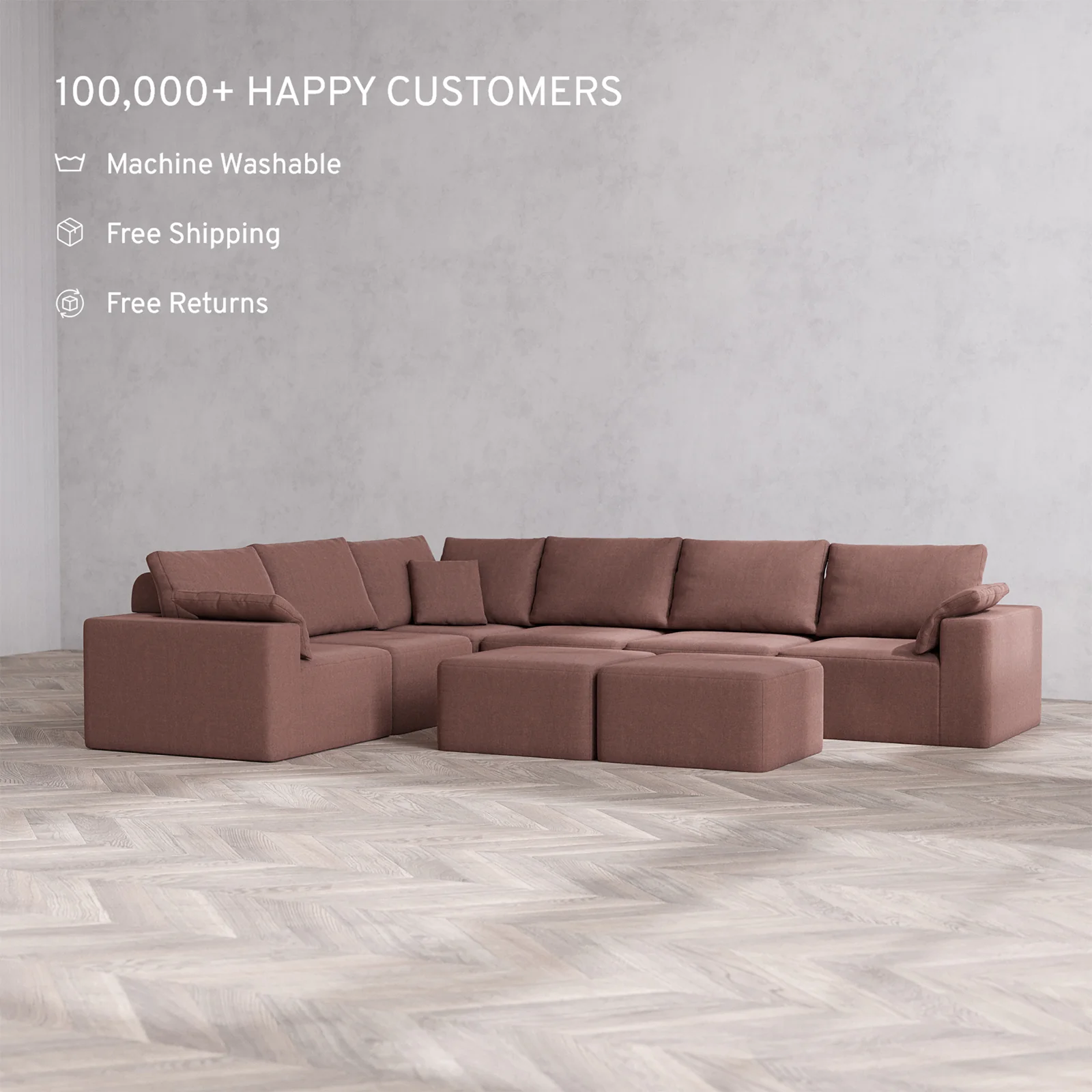 Slipcover Only - Modular Washable 6-Seater Corner Sectional + Ottoman Bench Cloud + Bolster Sofa in Sumac - Image 2