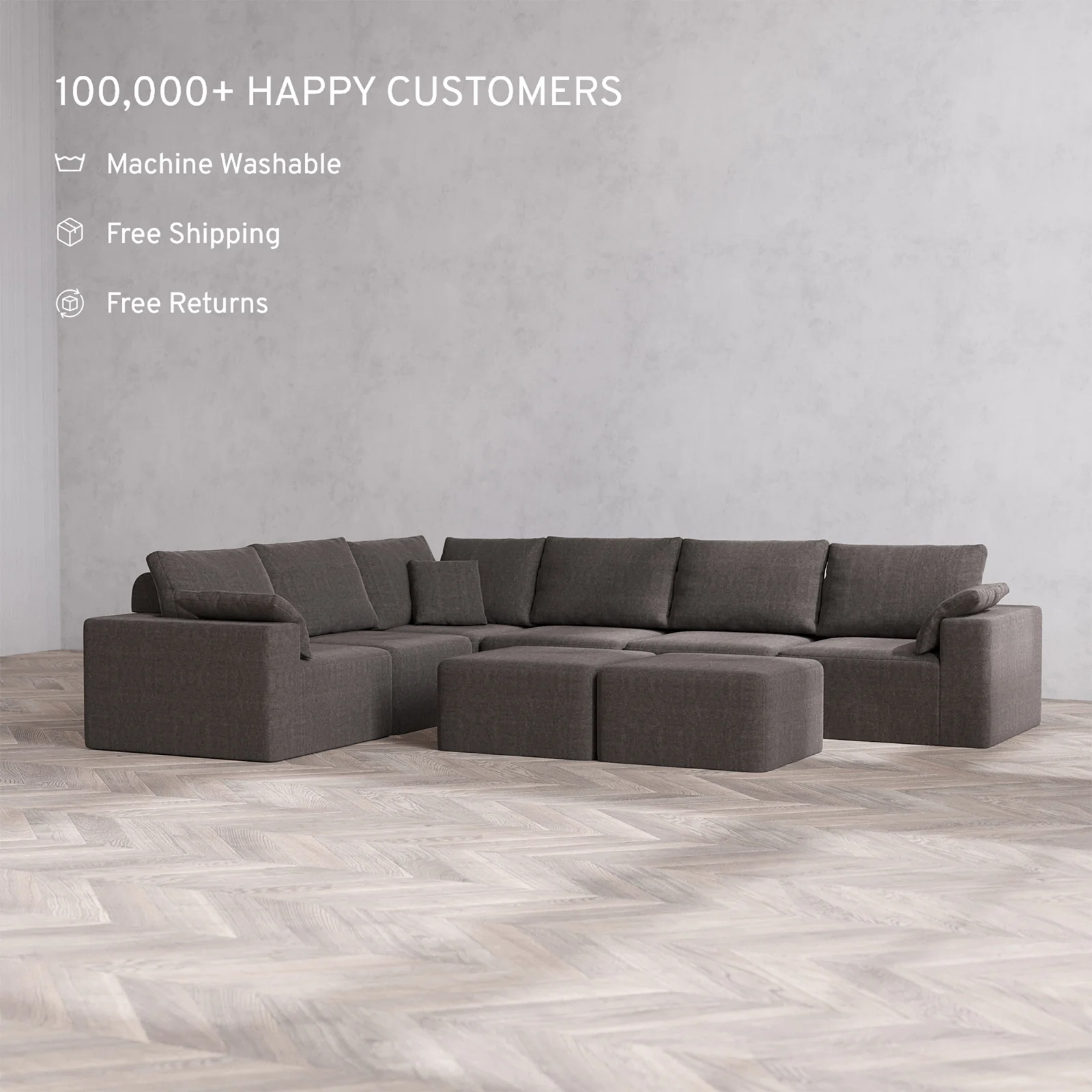 Slipcover Only - Modular Washable 6-Seater Corner Sectional + Ottoman Bench Cloud + Bolster Sofa in Truffle - Image 2