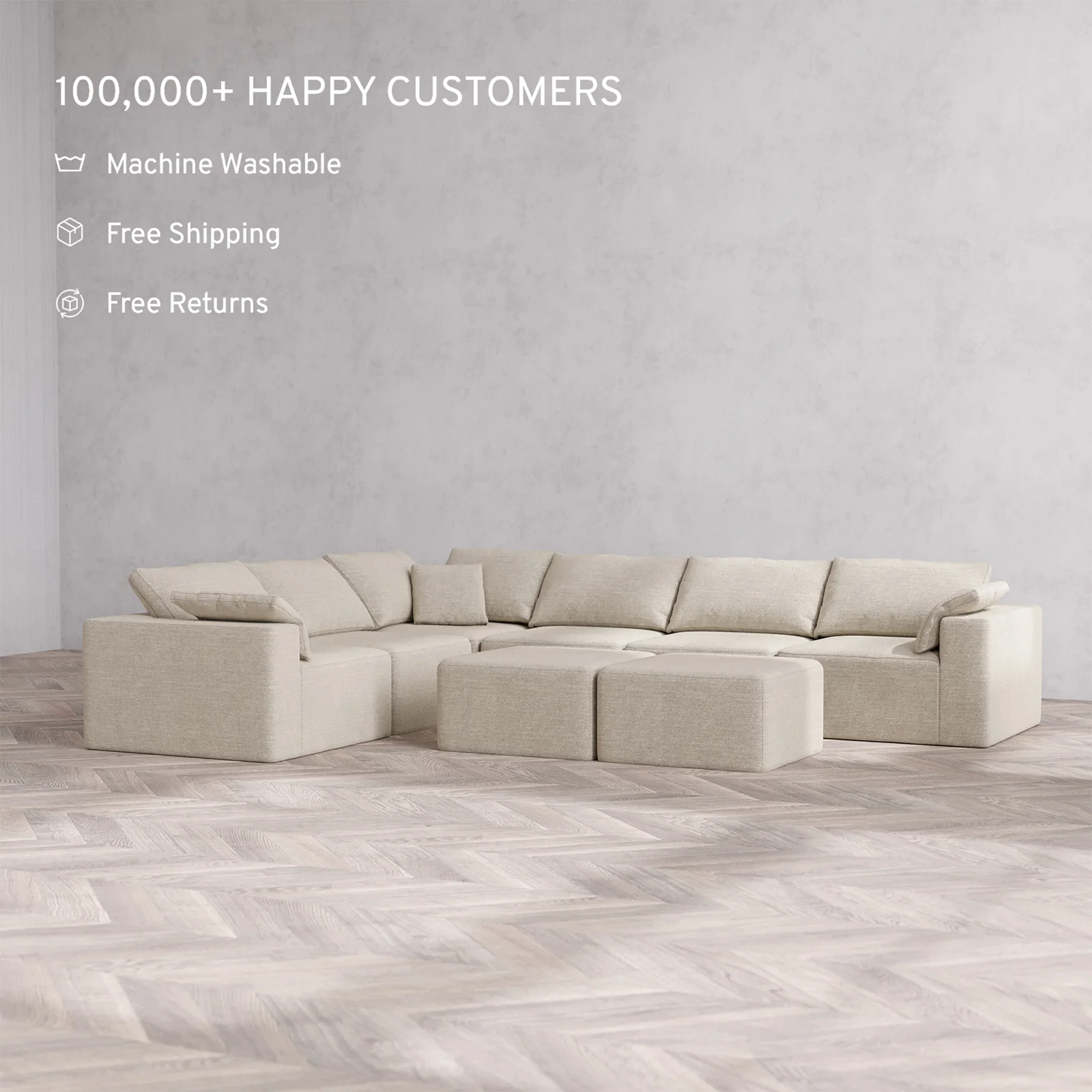 Slipcover Only - Modular Washable 6-Seater Corner Sectional + Ottoman Bench Cloud Sofa in Sandstone - Image 2