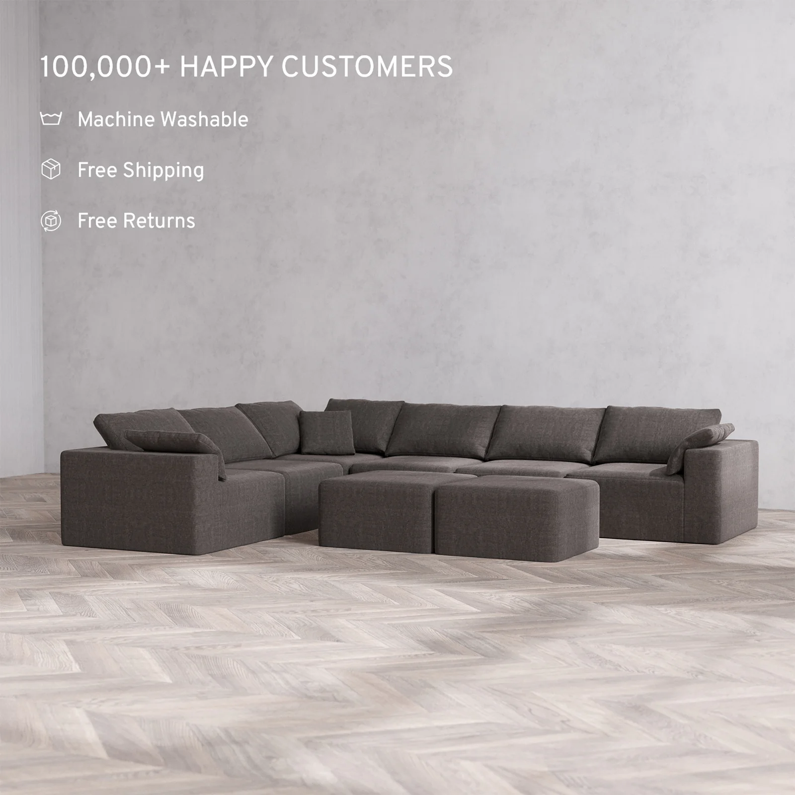 Slipcover Only - Modular Washable 6-Seater Corner Sectional + Ottoman Bench Cloud Sofa in Truffle - Image 2