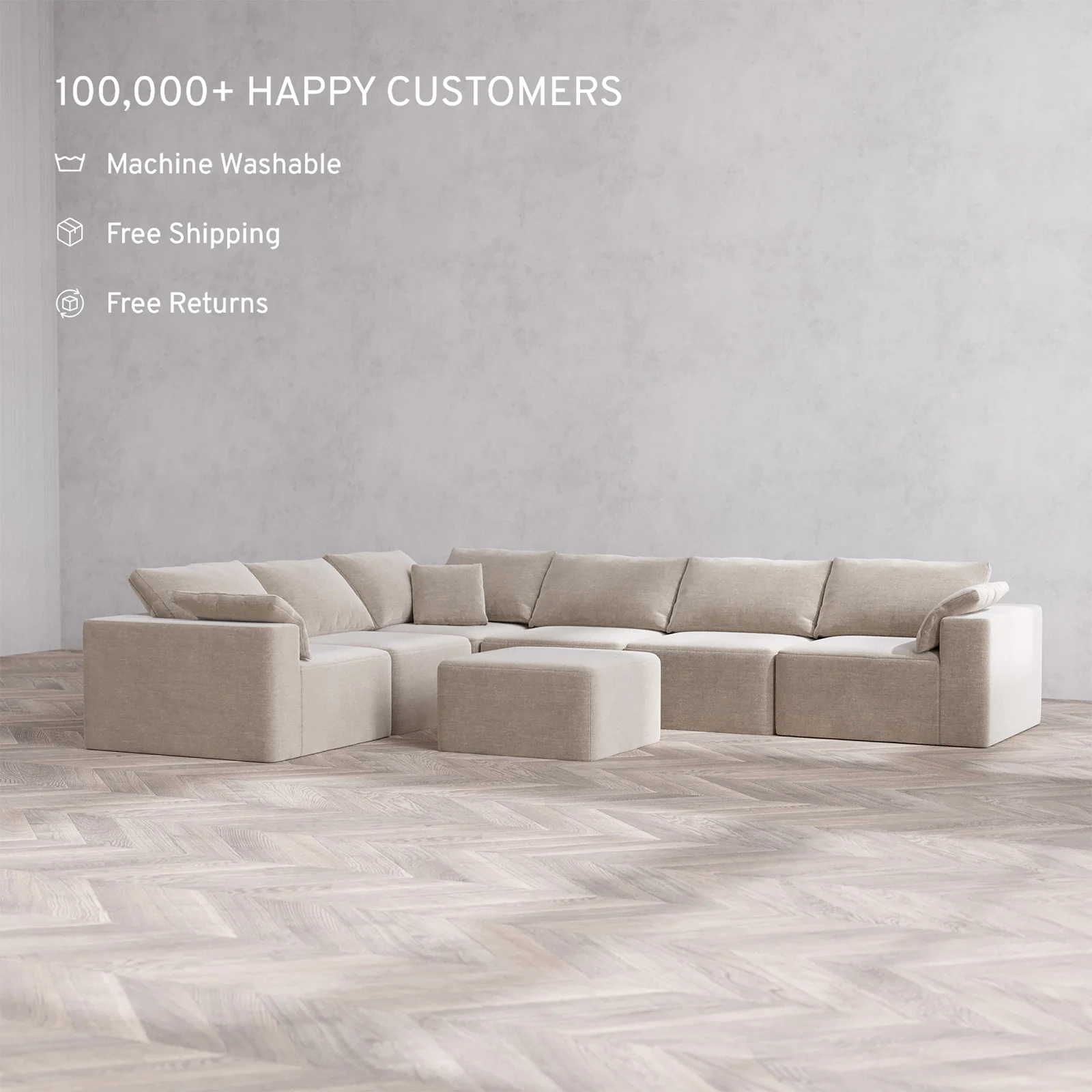 Slipcover Only - Modular Washable 6-Seater Corner Sectional + Ottoman Cloud Sofa in Caraway - Image 2