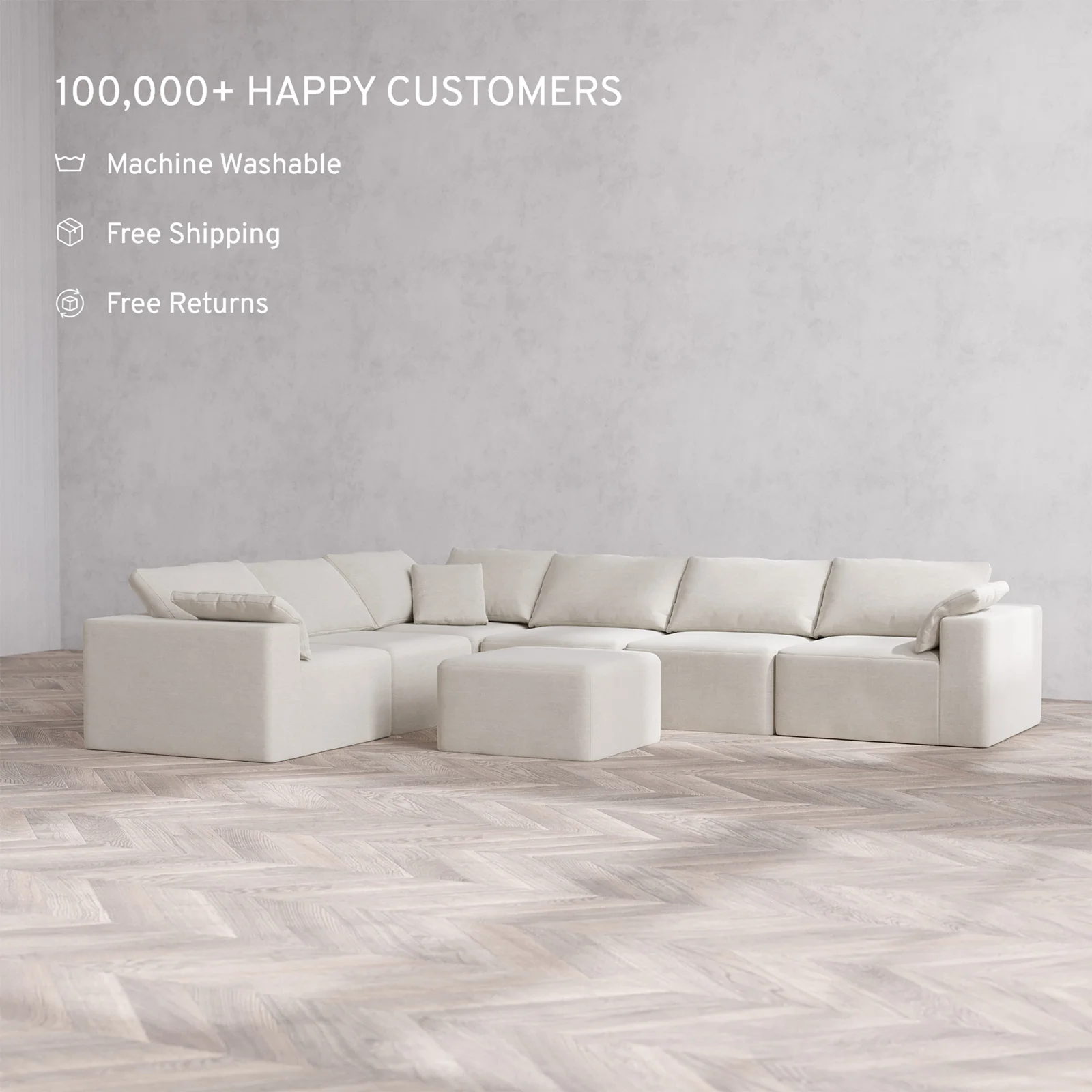 Slipcover Only - Modular Washable 6-Seater Corner Sectional + Ottoman Cloud Sofa in Cashew - Image 2