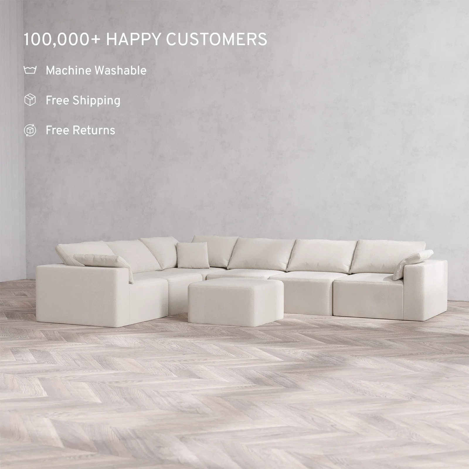 Slipcover Only - Modular Washable 6-Seater Corner Sectional + Ottoman Cloud Sofa in Pearl - Image 2