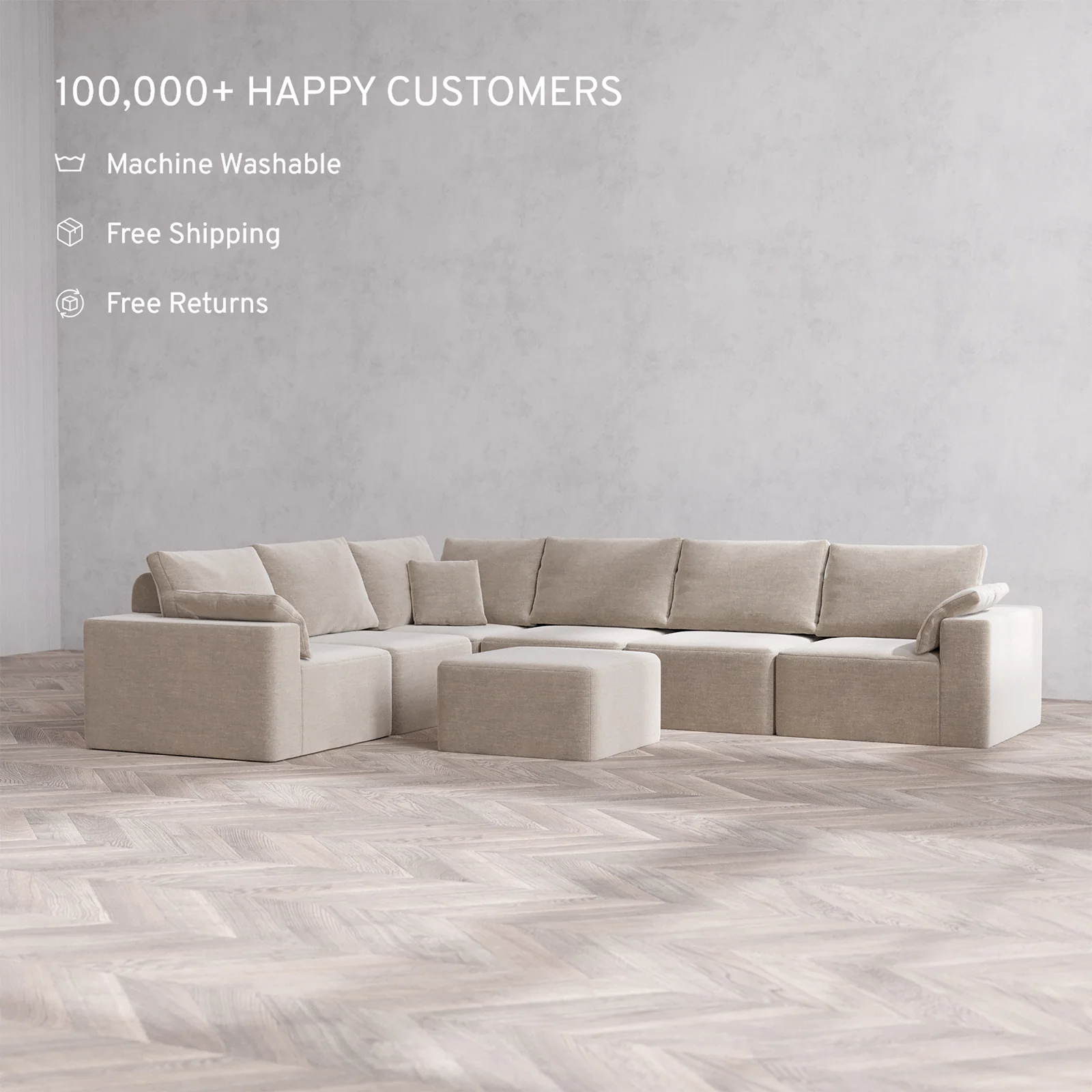Slipcover Only - Modular Washable 6-Seater Corner Sectional + Ottoman Cloud + Bolster Sofa in Caraway - Image 2