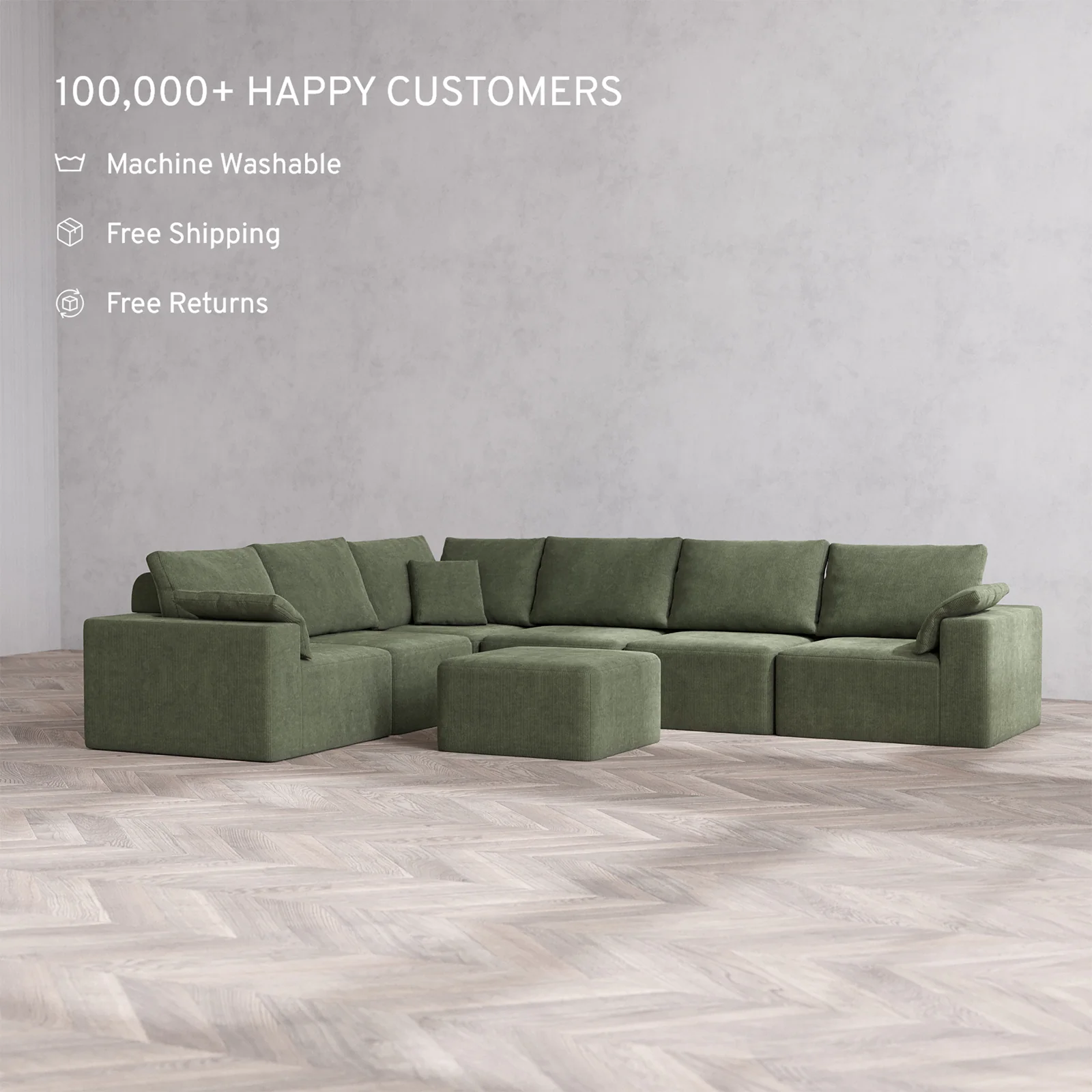 Slipcover Only - Modular Washable 6-Seater Corner Sectional + Ottoman Cloud + Bolster Sofa in Juniper - Image 2