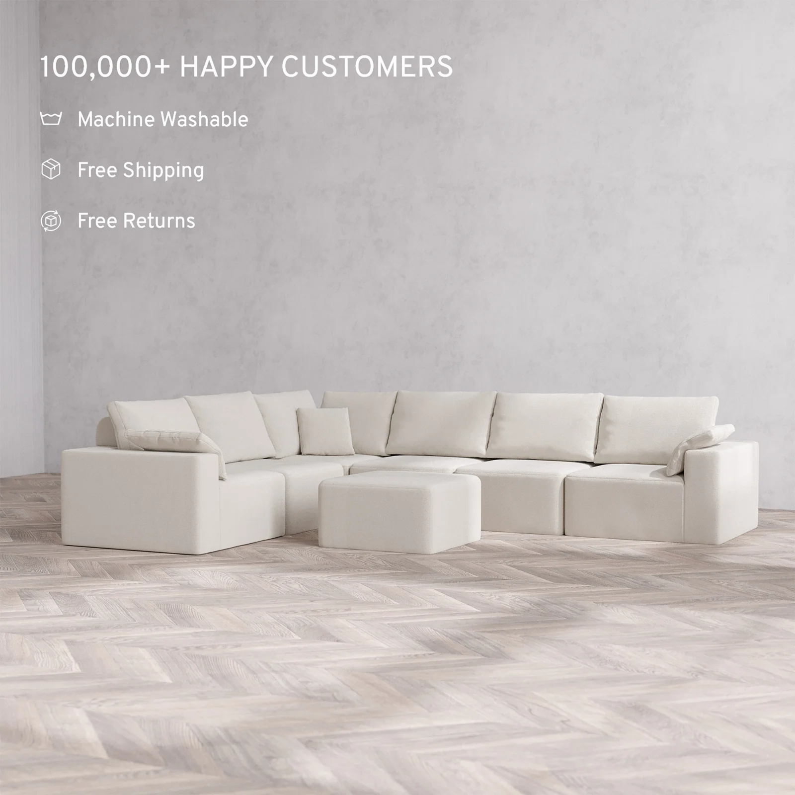 Slipcover Only - Modular Washable 6-Seater Corner Sectional + Ottoman Cloud + Bolster Sofa in Pearl - Image 2