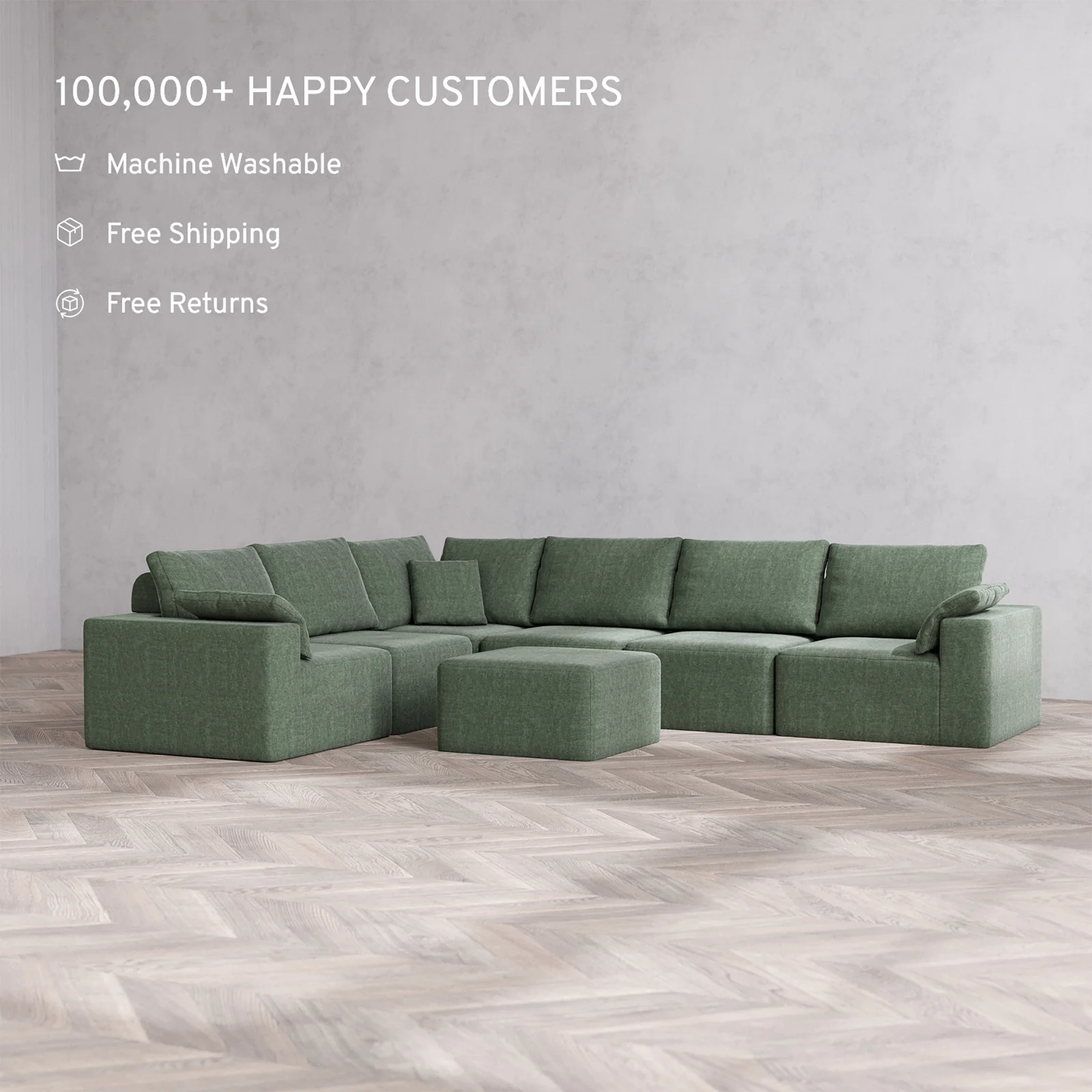 Slipcover Only - Modular Washable 6-Seater Corner Sectional + Ottoman Cloud + Bolster Sofa in Sage - Image 2