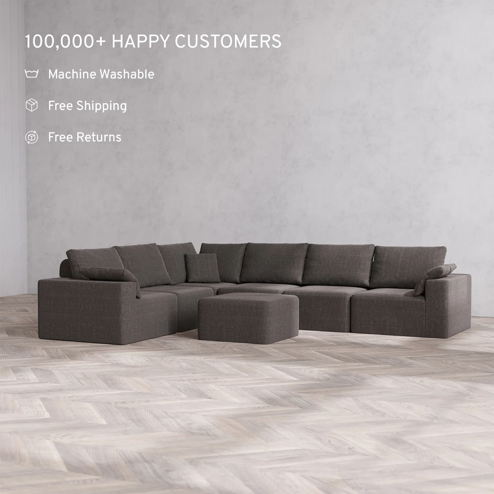 Slipcover Only - Modular Washable 6-Seater Corner Sectional + Ottoman Cloud + Bolster Sofa in Truffle - Image 2