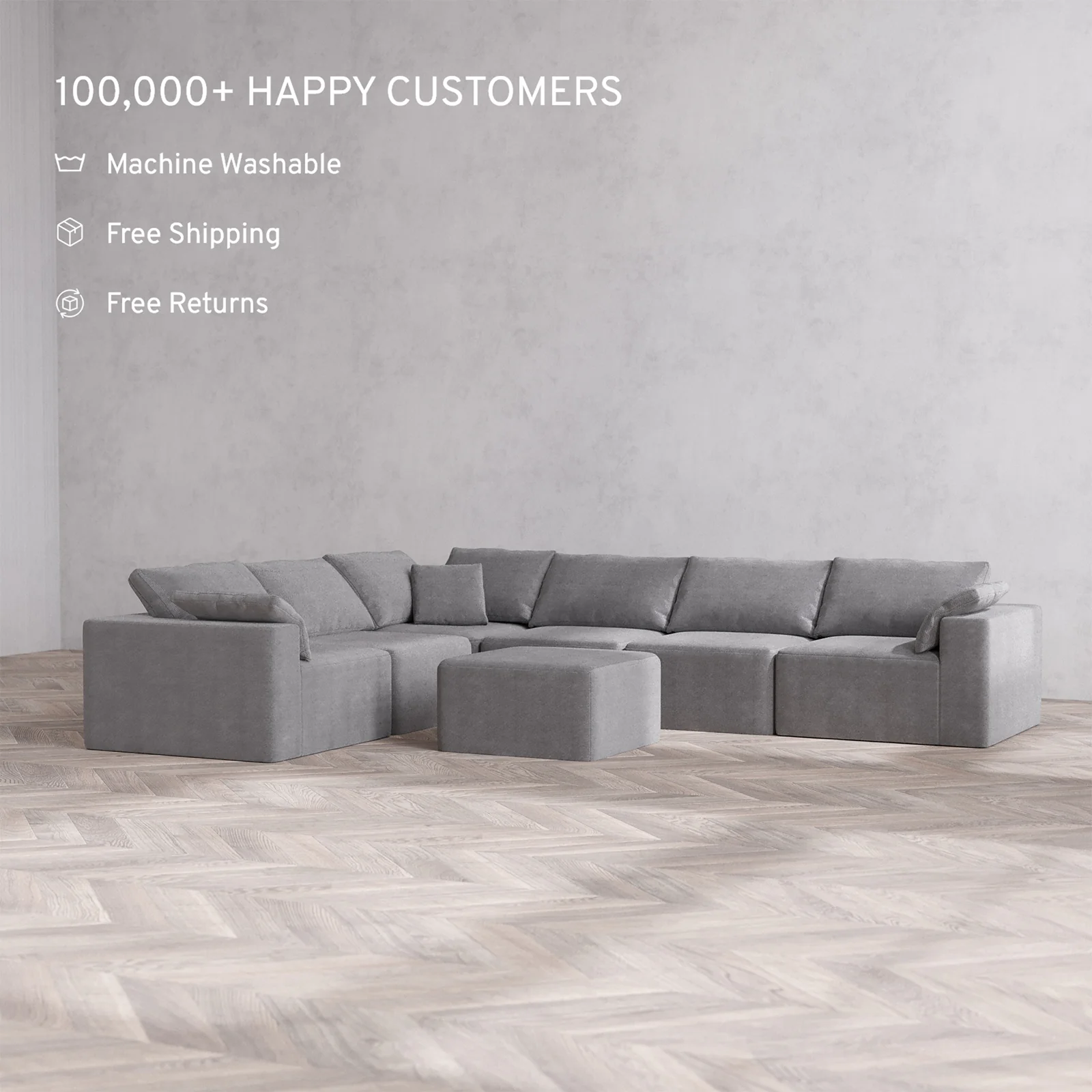Slipcover Only - Modular Washable 6-Seater Corner Sectional + Ottoman Cloud Sofa in Slate - Image 2