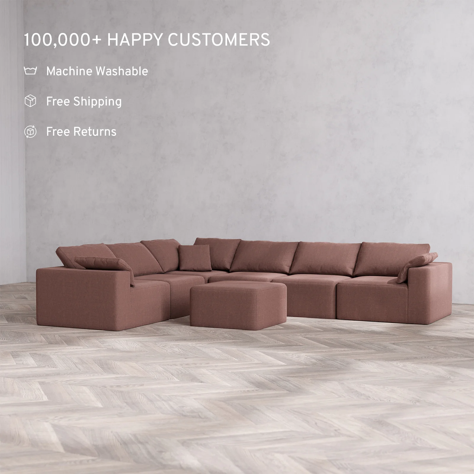 Slipcover Only - Modular Washable 6-Seater Corner Sectional + Ottoman Cloud Sofa in Sumac - Image 2