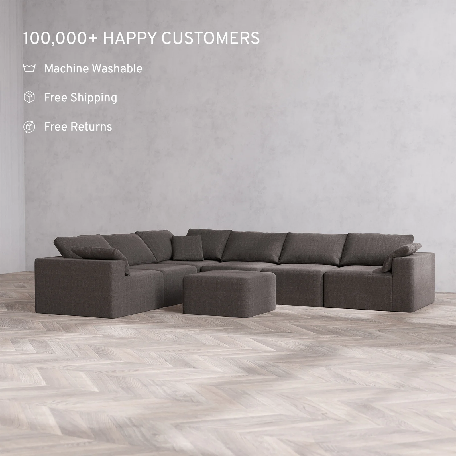 Slipcover Only - Modular Washable 6-Seater Corner Sectional + Ottoman Cloud Sofa in Truffle - Image 2