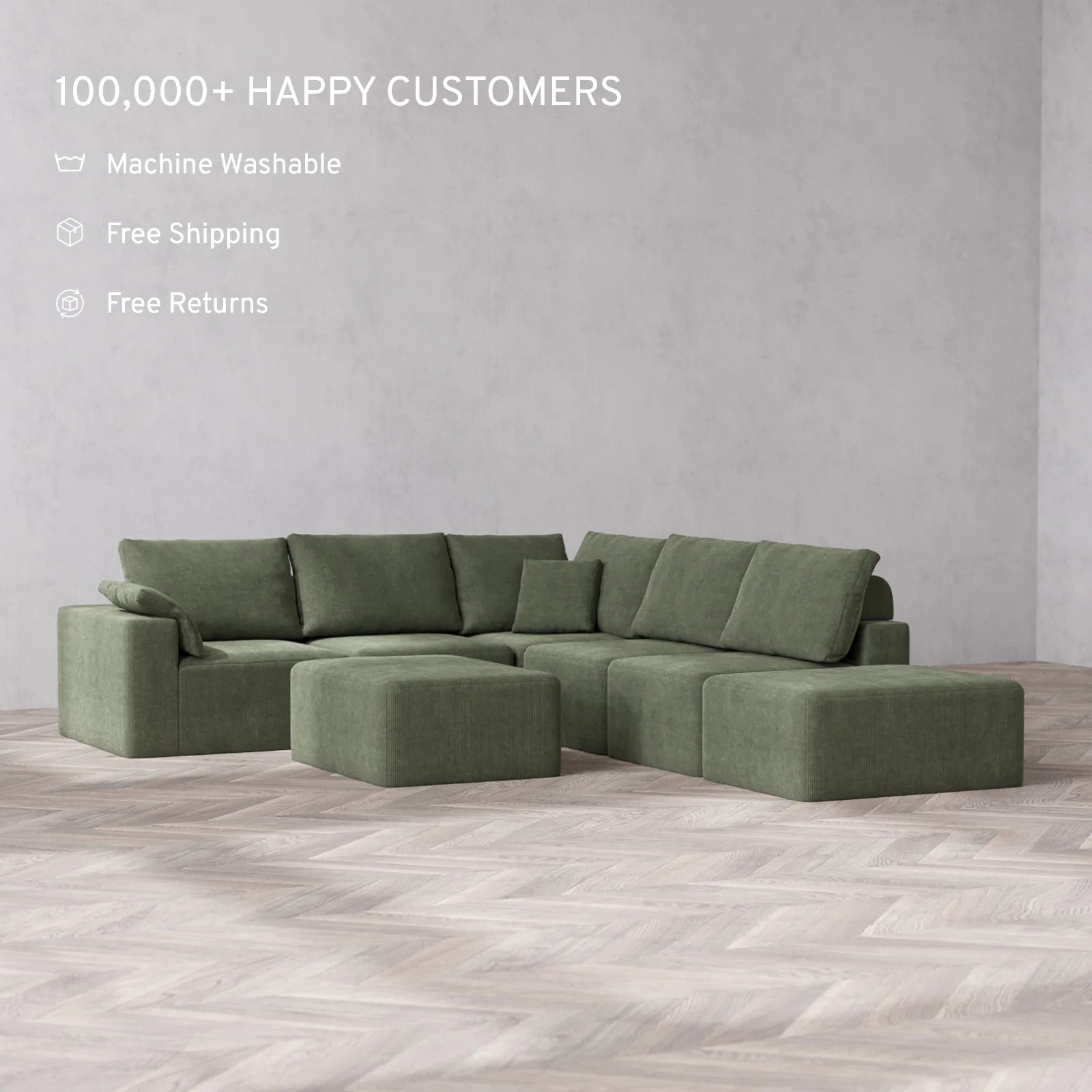 Slipcover Only - Modular Washable 6-Seater Open End Corner Sectional + Chaise Ottoman Cloud + Bolster Sofa in Juniper | Left-Facing Arm - Image 2