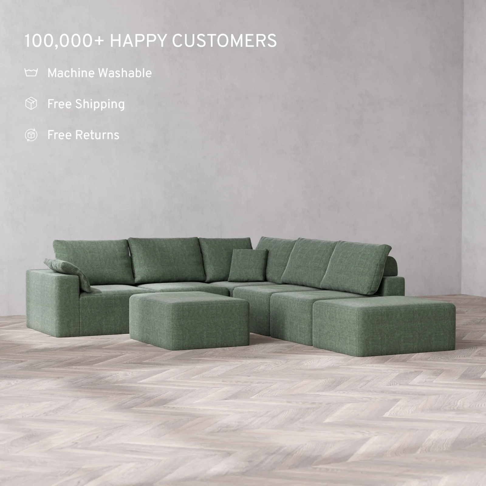 Slipcover Only - Modular Washable 6-Seater Open End Corner Sectional + Chaise Ottoman Cloud + Bolster Sofa in Sage | Left-Facing Arm - Image 2