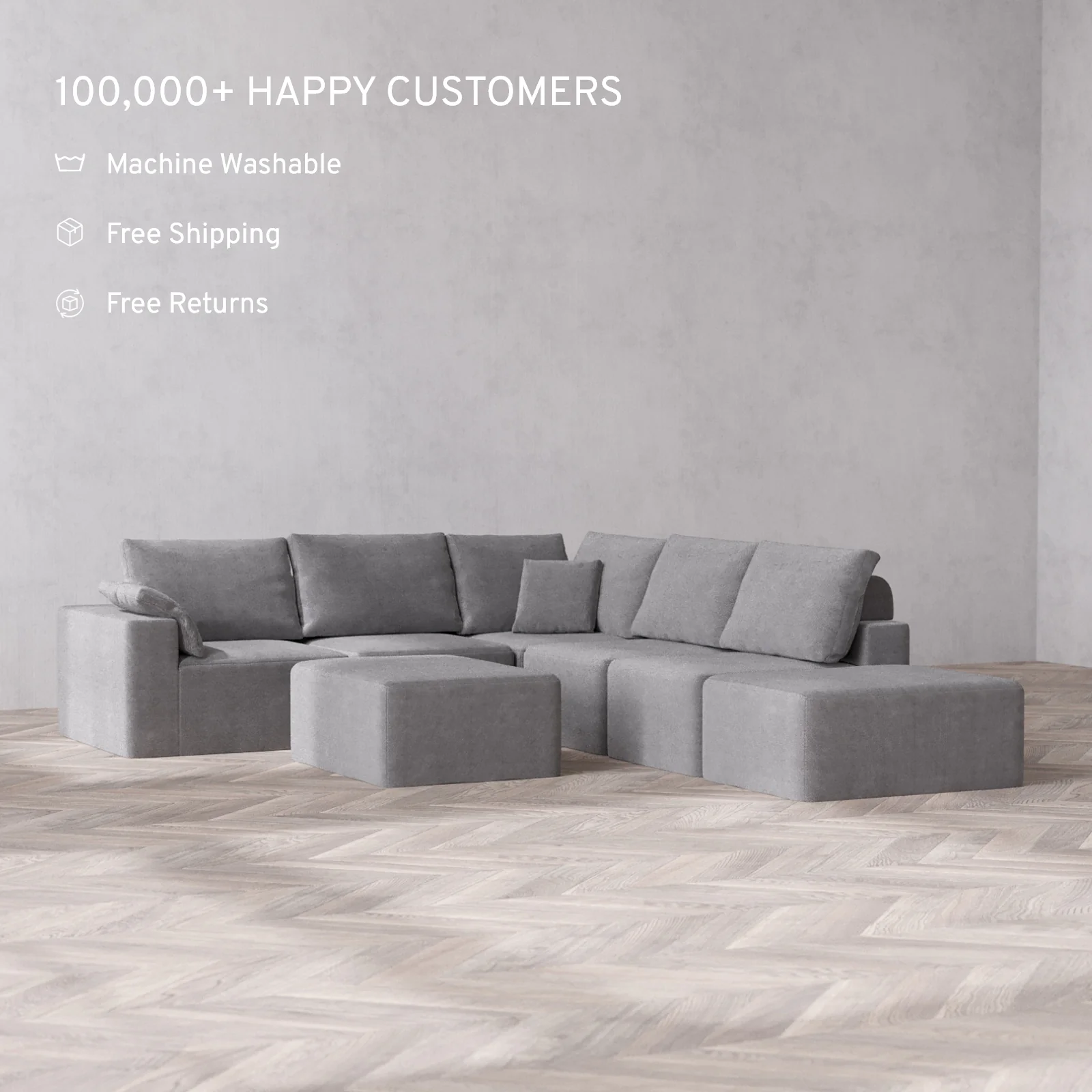 Slipcover Only - Modular Washable 6-Seater Open End Corner Sectional + Chaise Ottoman Cloud + Bolster Sofa in Slate | Left-Facing Arm - Image 2