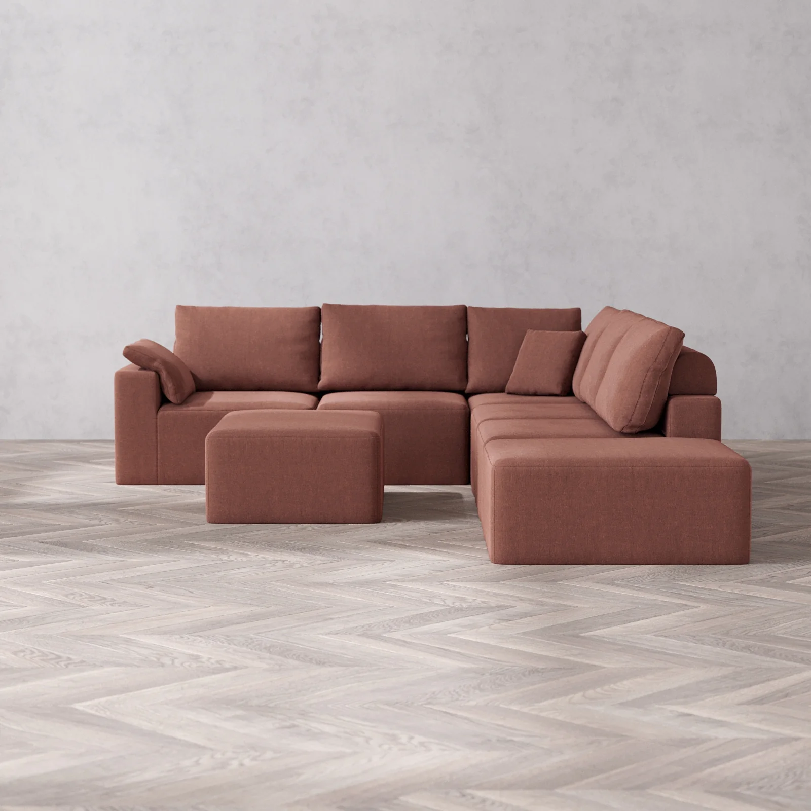Slipcover Only - Modular Washable 6-Seater Open End Corner Sectional + Chaise Ottoman Cloud + Bolster Sofa in Sumac | Left-Facing Arm