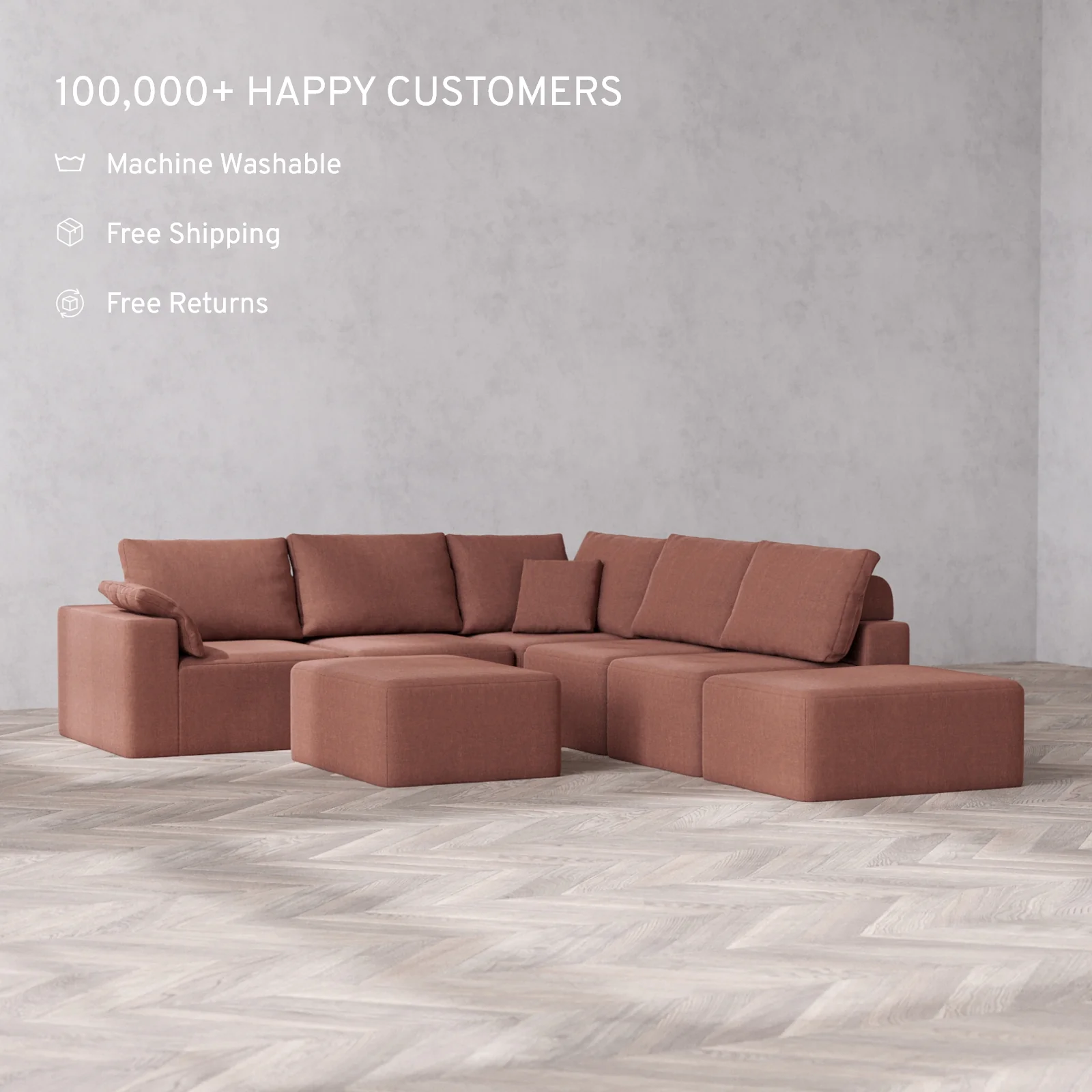 Slipcover Only - Modular Washable 6-Seater Open End Corner Sectional + Chaise Ottoman Cloud + Bolster Sofa in Sumac | Left-Facing Arm - Image 2