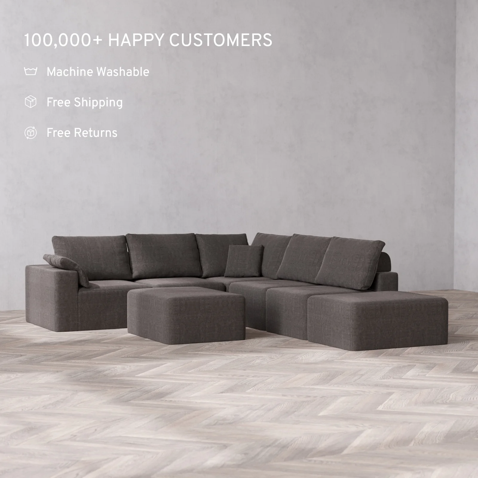 Slipcover Only - Modular Washable 6-Seater Open End Corner Sectional + Chaise Ottoman Cloud + Bolster Sofa in Truffle | Left-Facing Arm - Image 2