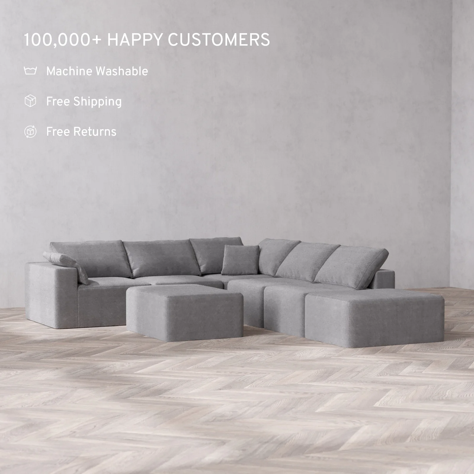 Slipcover Only - Modular Washable 6-Seater Open End Corner Sectional + Chaise Ottoman Cloud Sofa in Slate | Left-Facing Arm - Image 2