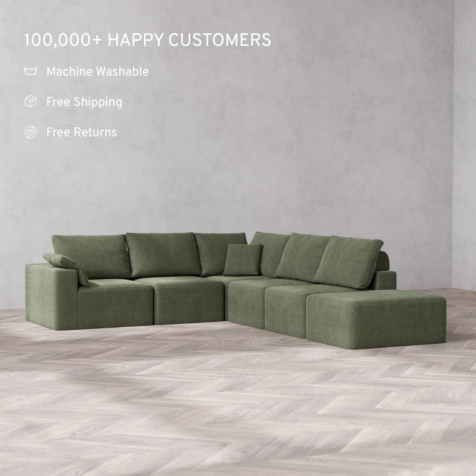 Slipcover Only - Modular Washable 6-Seater Open End Corner Sectional Cloud + Bolster Sofa in Juniper | Left-Facing Arm - Image 2
