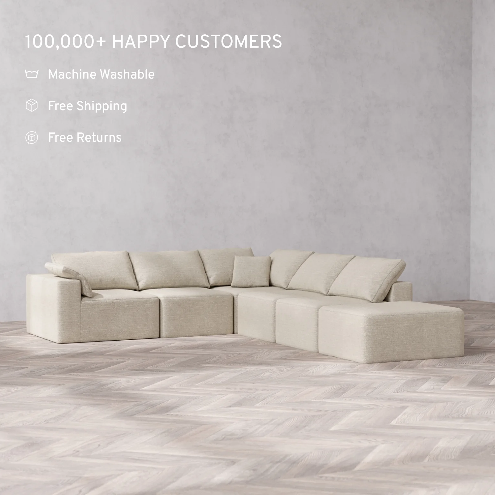 Slipcover Only - Modular Washable 6-Seater Open End Corner Sectional Cloud Sofa in Sandstone | Left-Facing Arm - Image 2