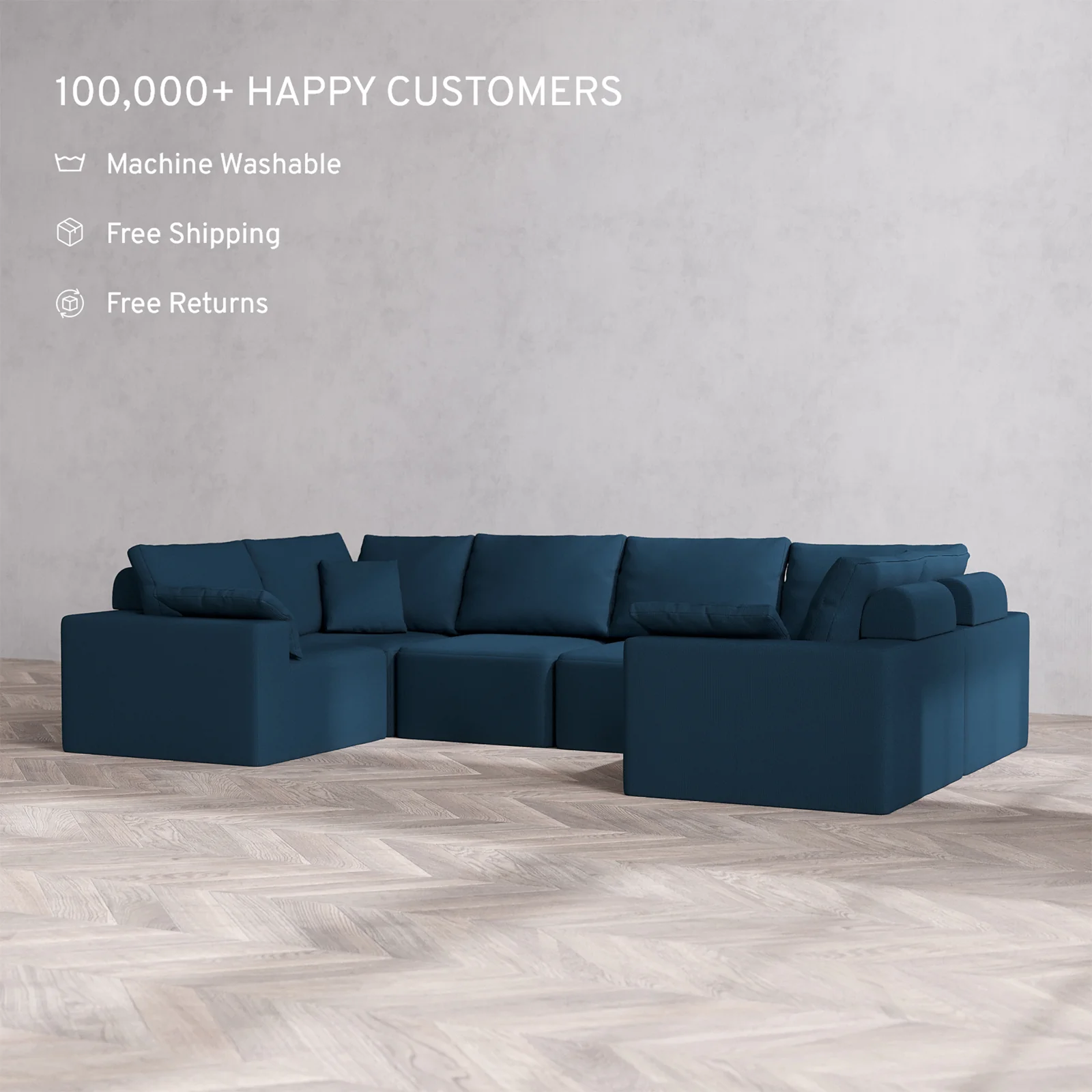Slipcover Only - Modular Washable 6-Seater U Sectional Cloud + Bolster Sofa in Lazuli - Image 2