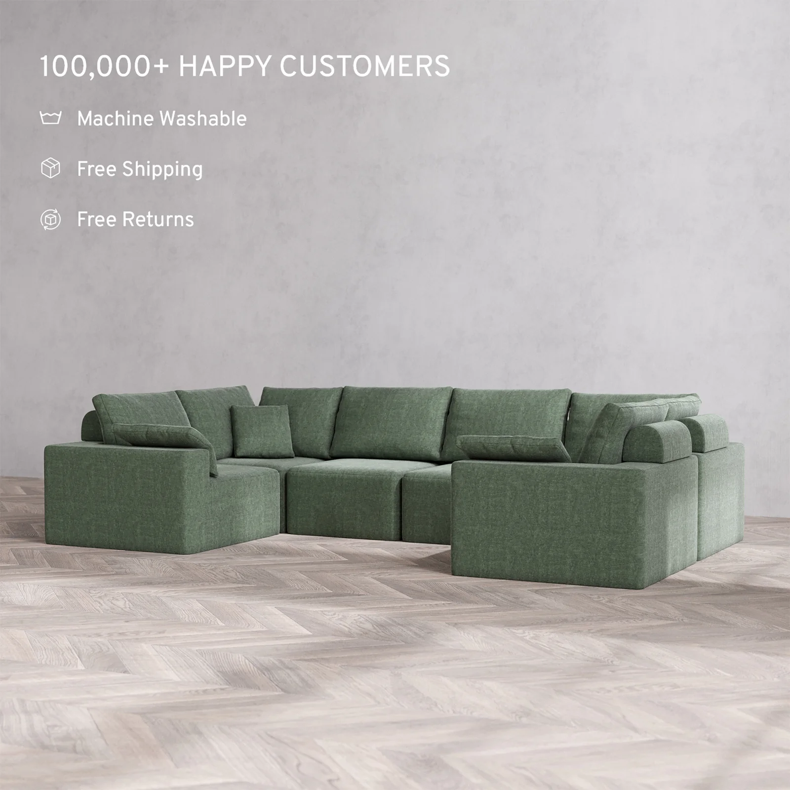 Slipcover Only - Modular Washable 6-Seater U Sectional Cloud + Bolster Sofa in Sage - Image 2