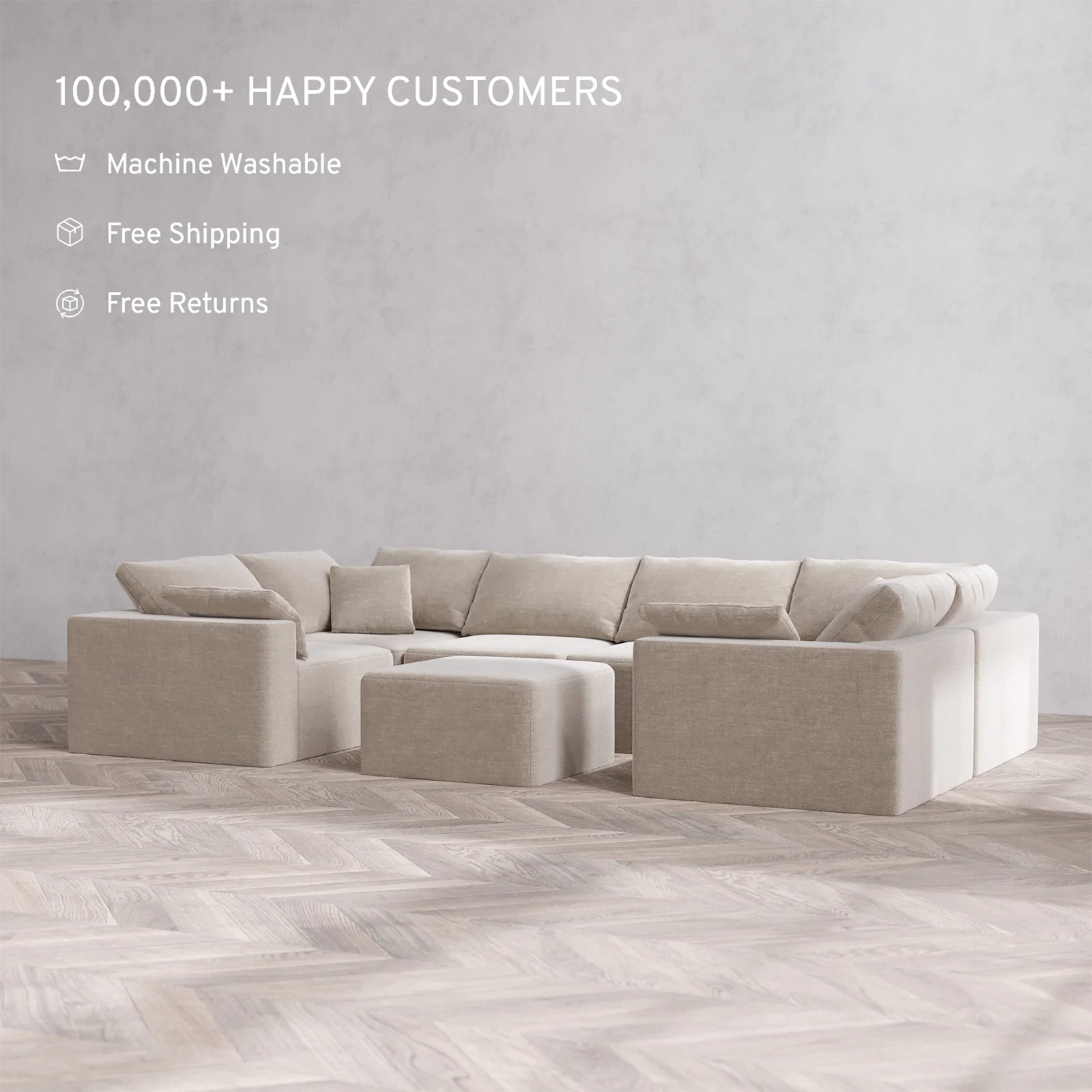 Slipcover Only - Modular Washable 6-Seater U Sectional + Ottoman Cloud Sofa in Caraway - Image 2