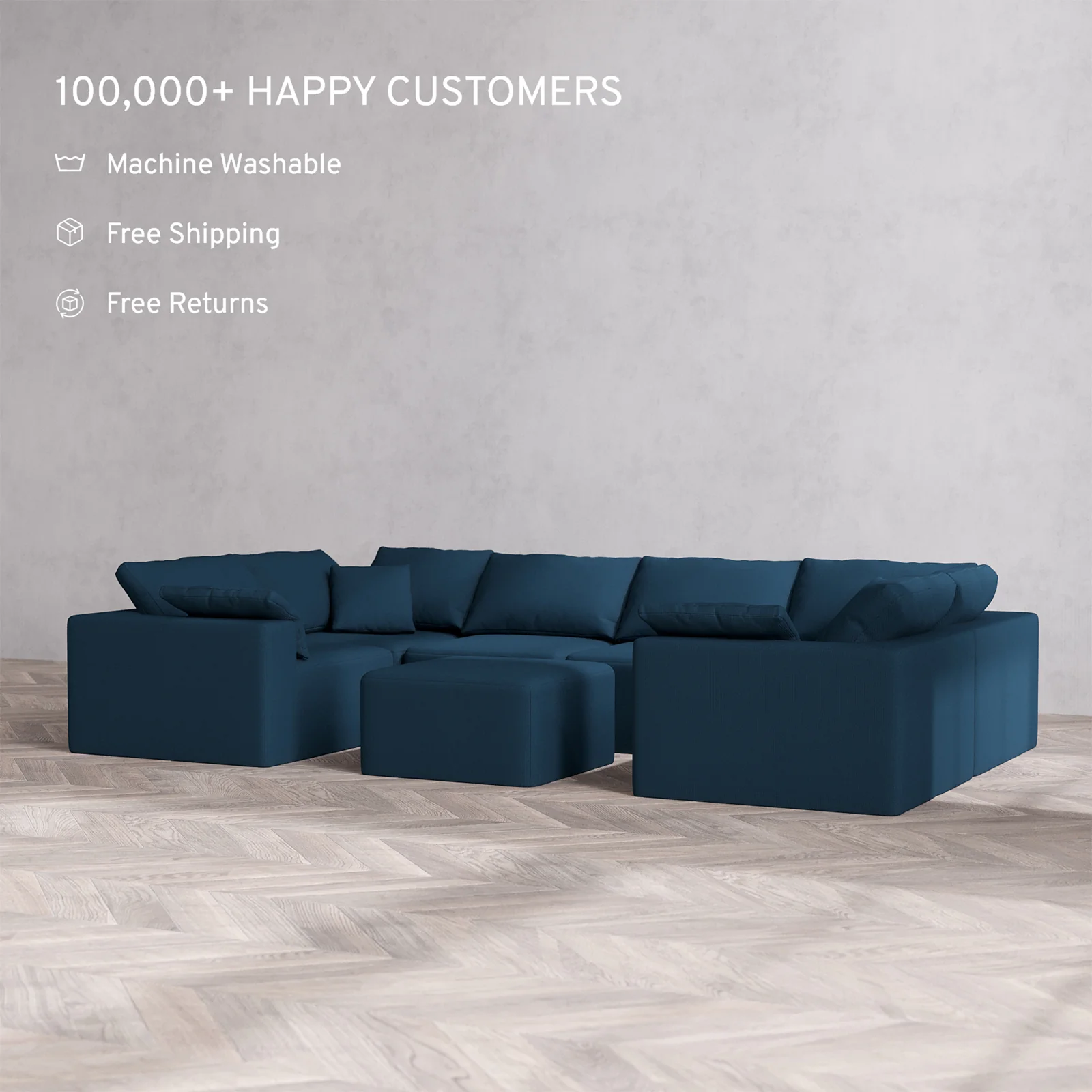 Slipcover Only - Modular Washable 6-Seater U Sectional + Ottoman Cloud Sofa in Lazuli - Image 2