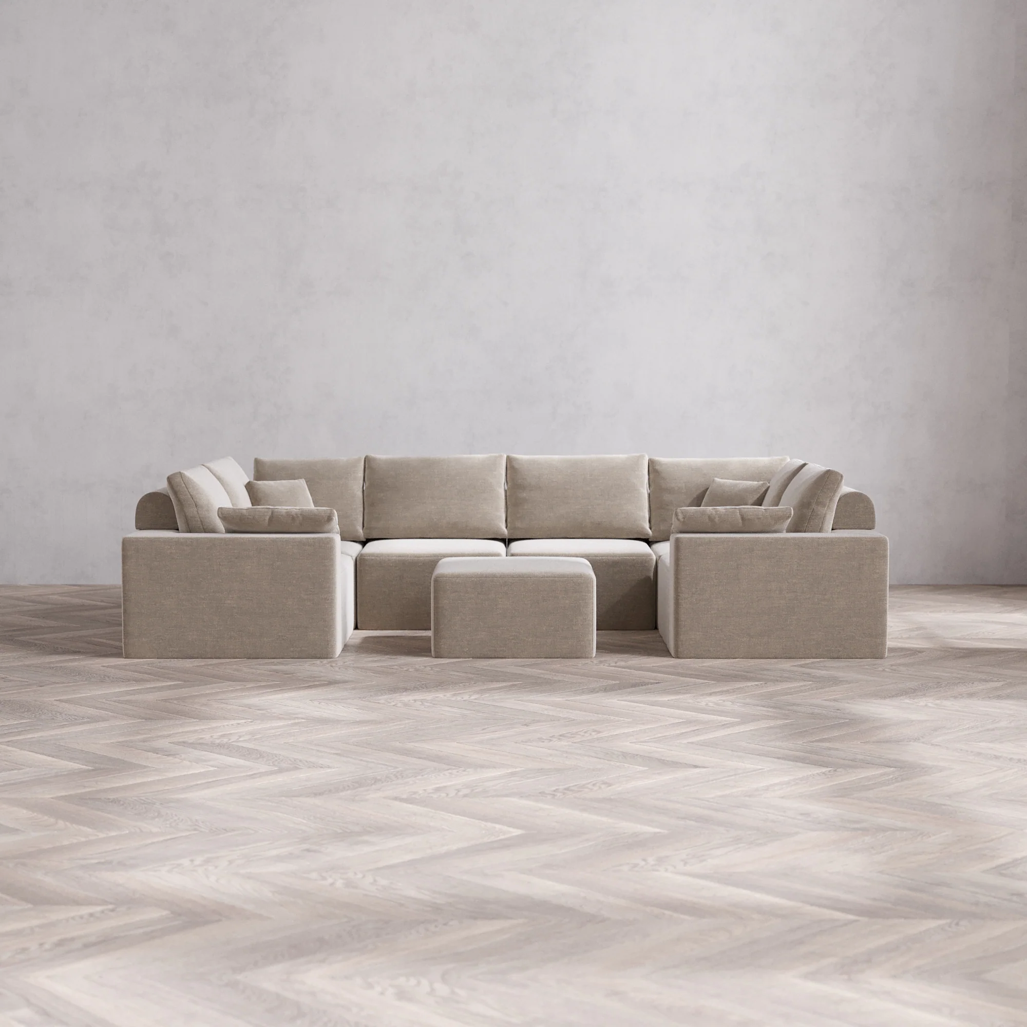 Slipcover Only - Modular Washable 6-Seater U Sectional + Ottoman Cloud + Bolster Sofa in Caraway