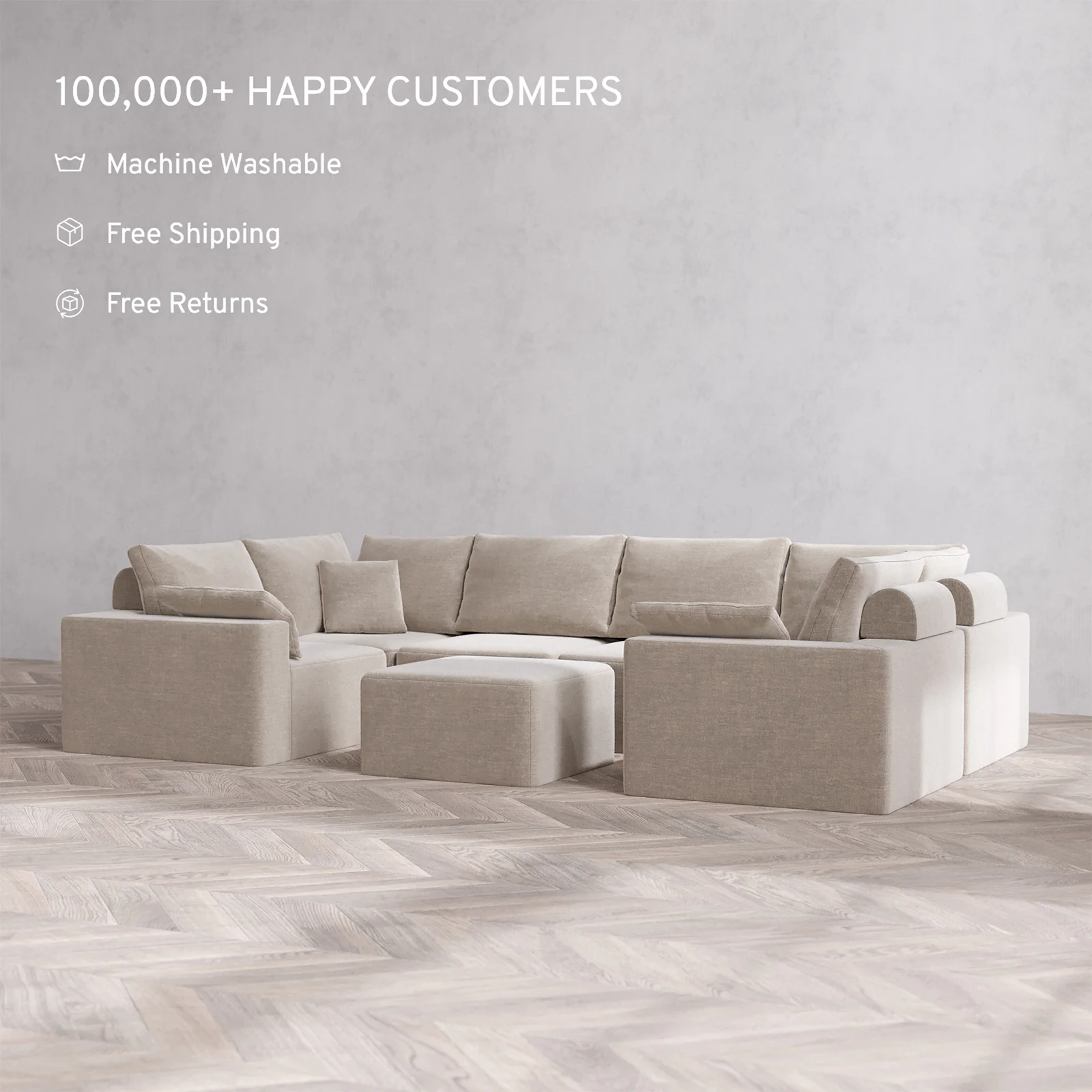 Slipcover Only - Modular Washable 6-Seater U Sectional + Ottoman Cloud + Bolster Sofa in Caraway - Image 2