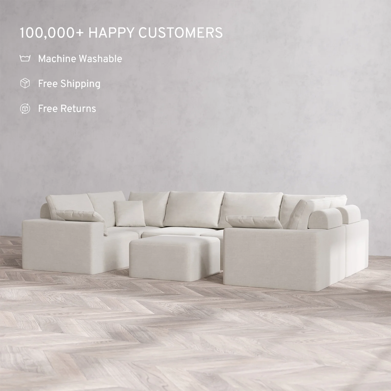 Slipcover Only - Modular Washable 6-Seater U Sectional + Ottoman Cloud + Bolster Sofa in Cashew - Image 2