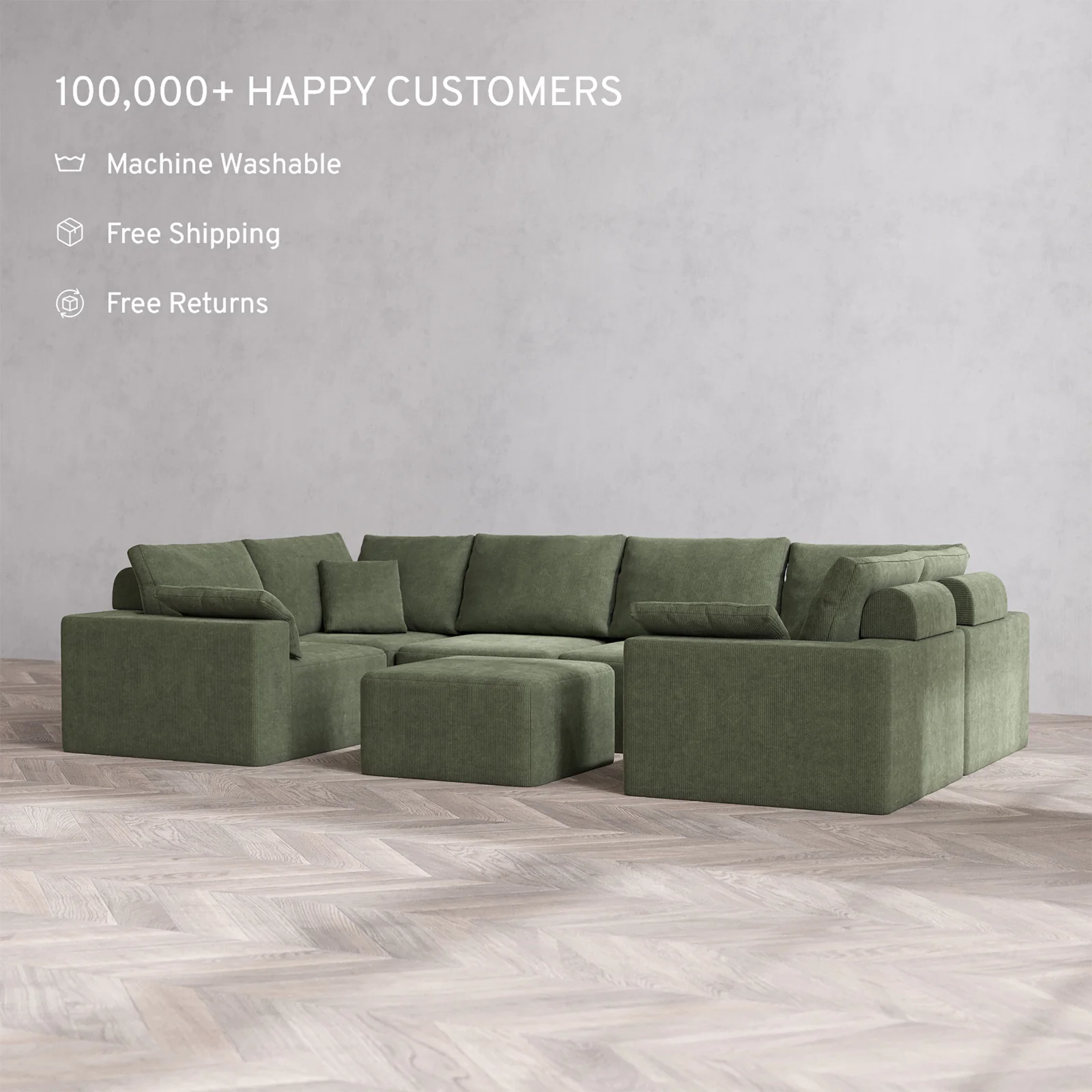 Slipcover Only - Modular Washable 6-Seater U Sectional + Ottoman Cloud + Bolster Sofa in Juniper - Image 2