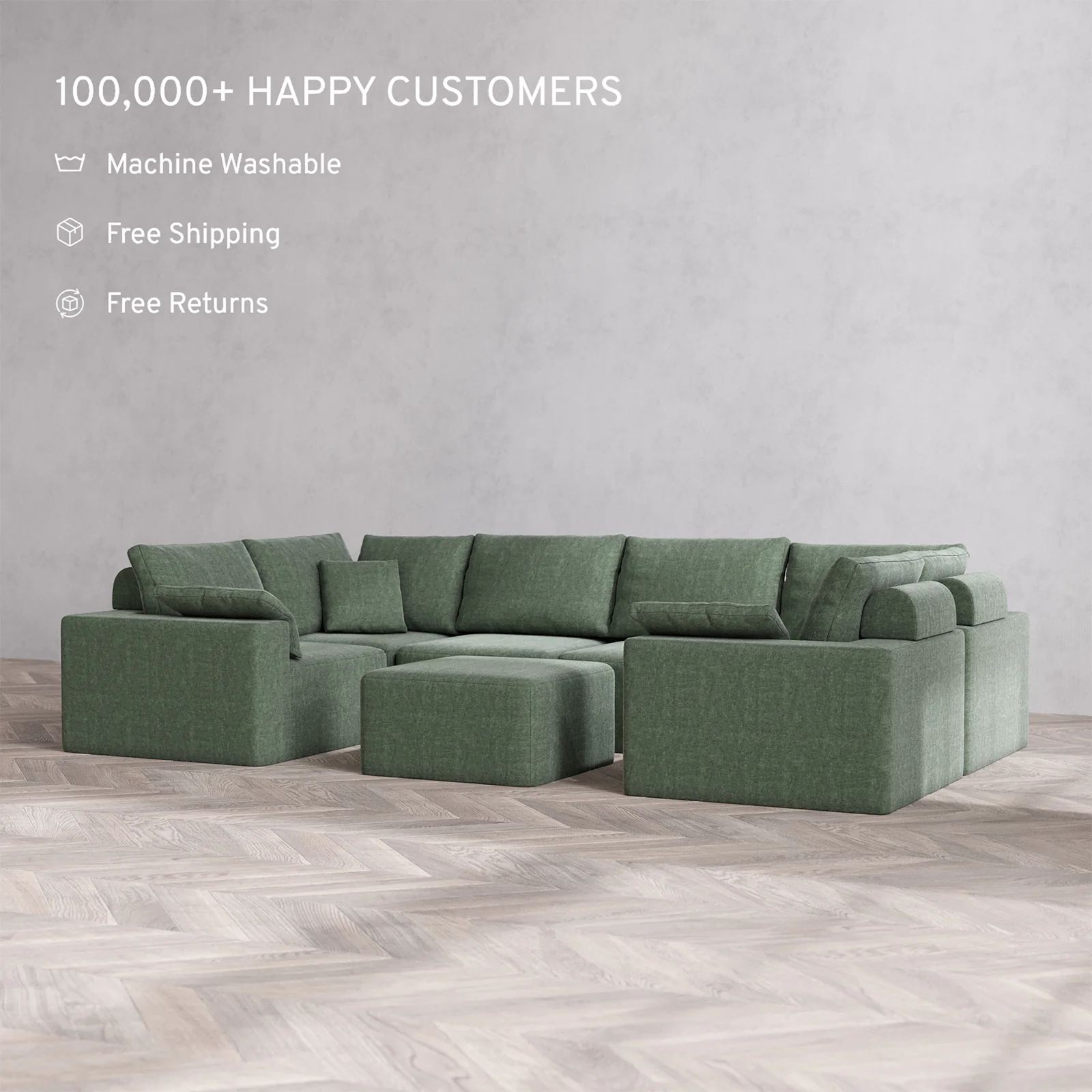 Slipcover Only - Modular Washable 6-Seater U Sectional + Ottoman Cloud + Bolster Sofa in Sage - Image 2
