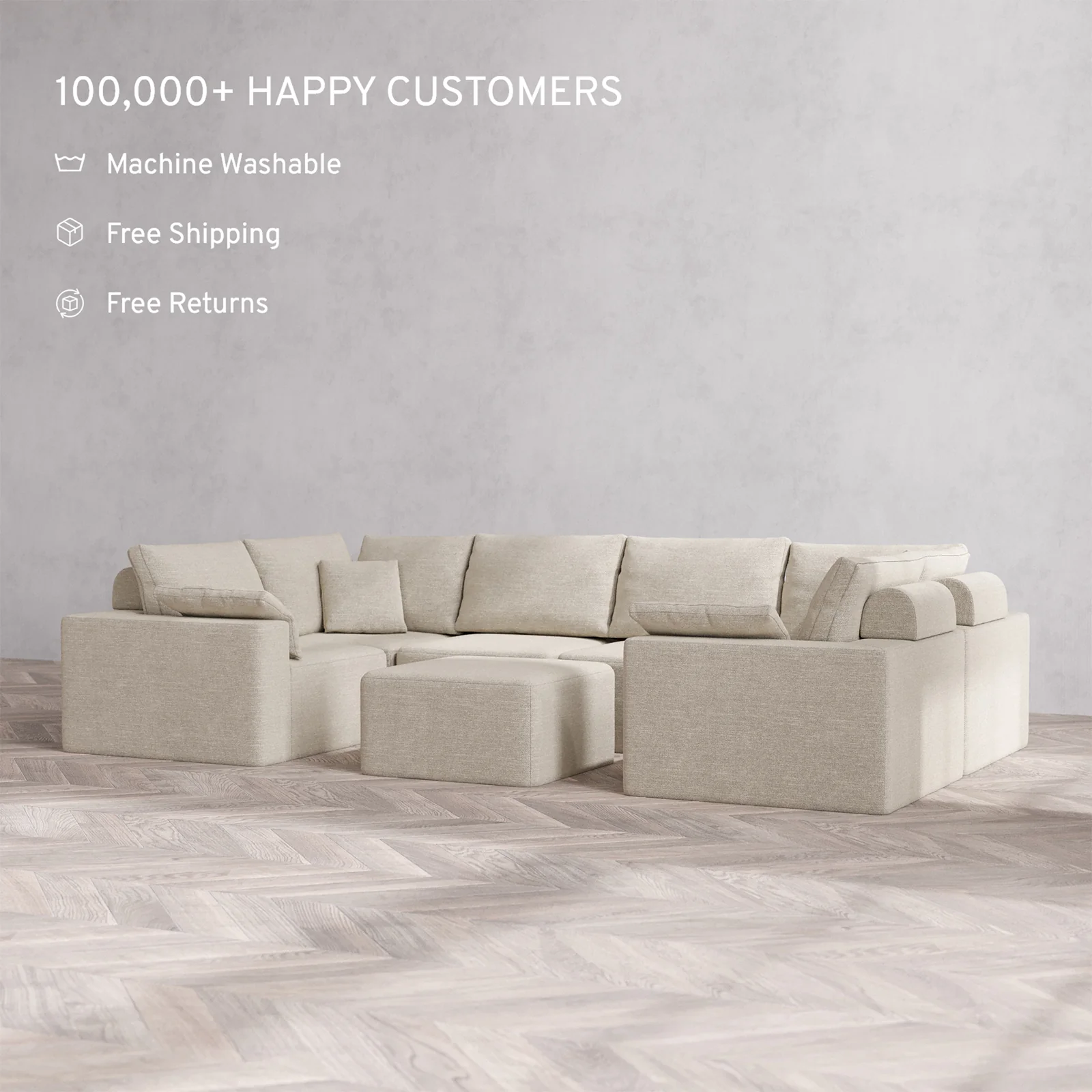Slipcover Only - Modular Washable 6-Seater U Sectional + Ottoman Cloud + Bolster Sofa in Sandstone - Image 2