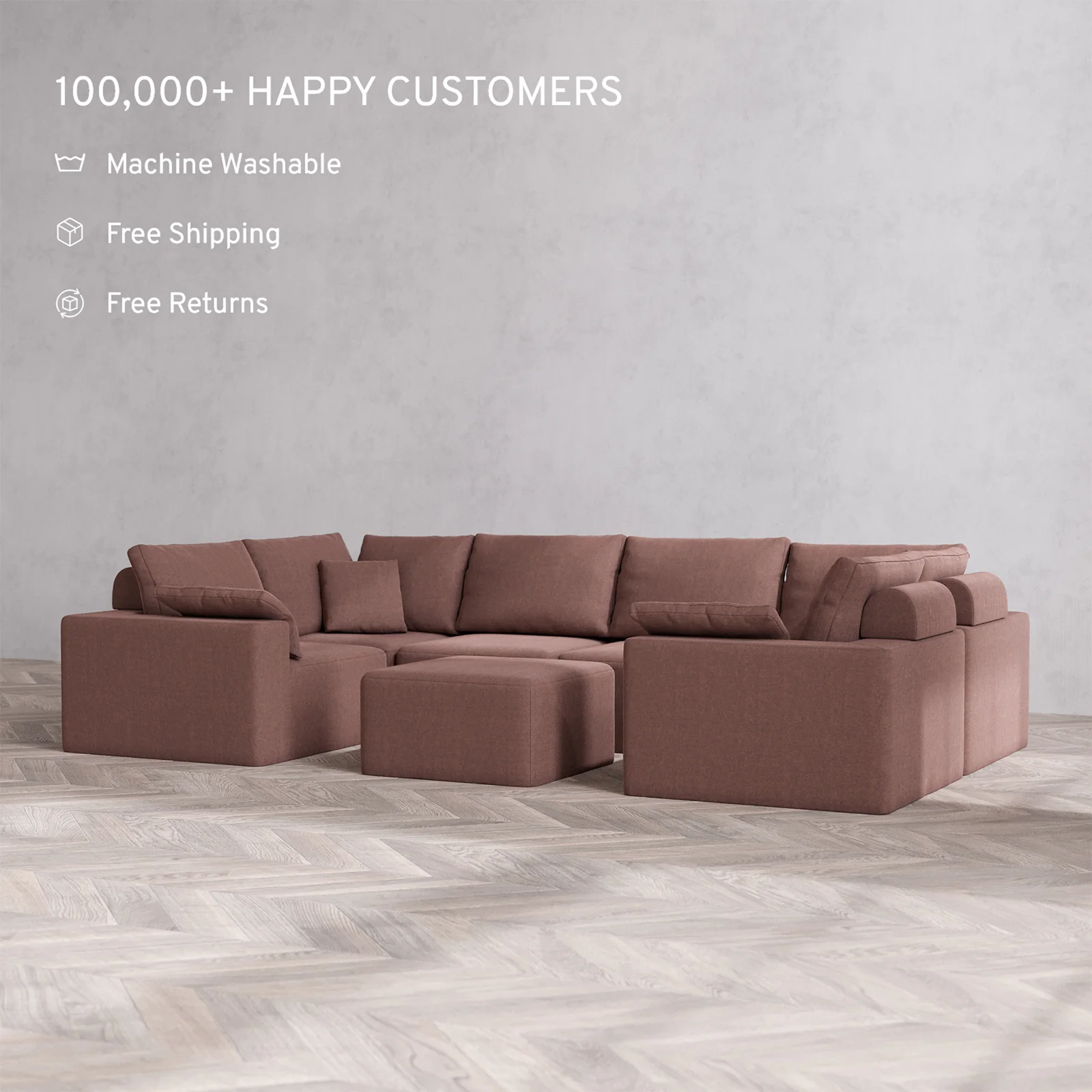 Slipcover Only - Modular Washable 6-Seater U Sectional + Ottoman Cloud + Bolster Sofa in Sumac - Image 2