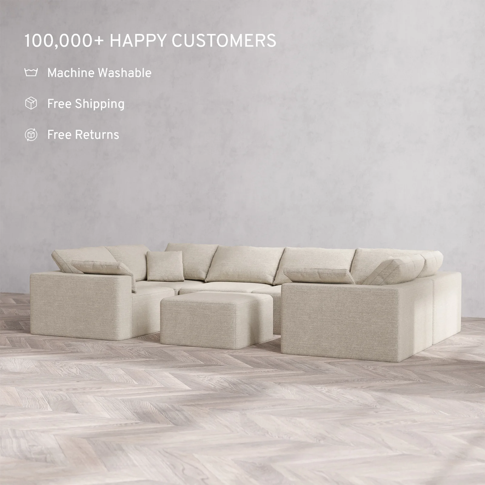 Slipcover Only - Modular Washable 6-Seater U Sectional + Ottoman Cloud Sofa in Sandstone - Image 2