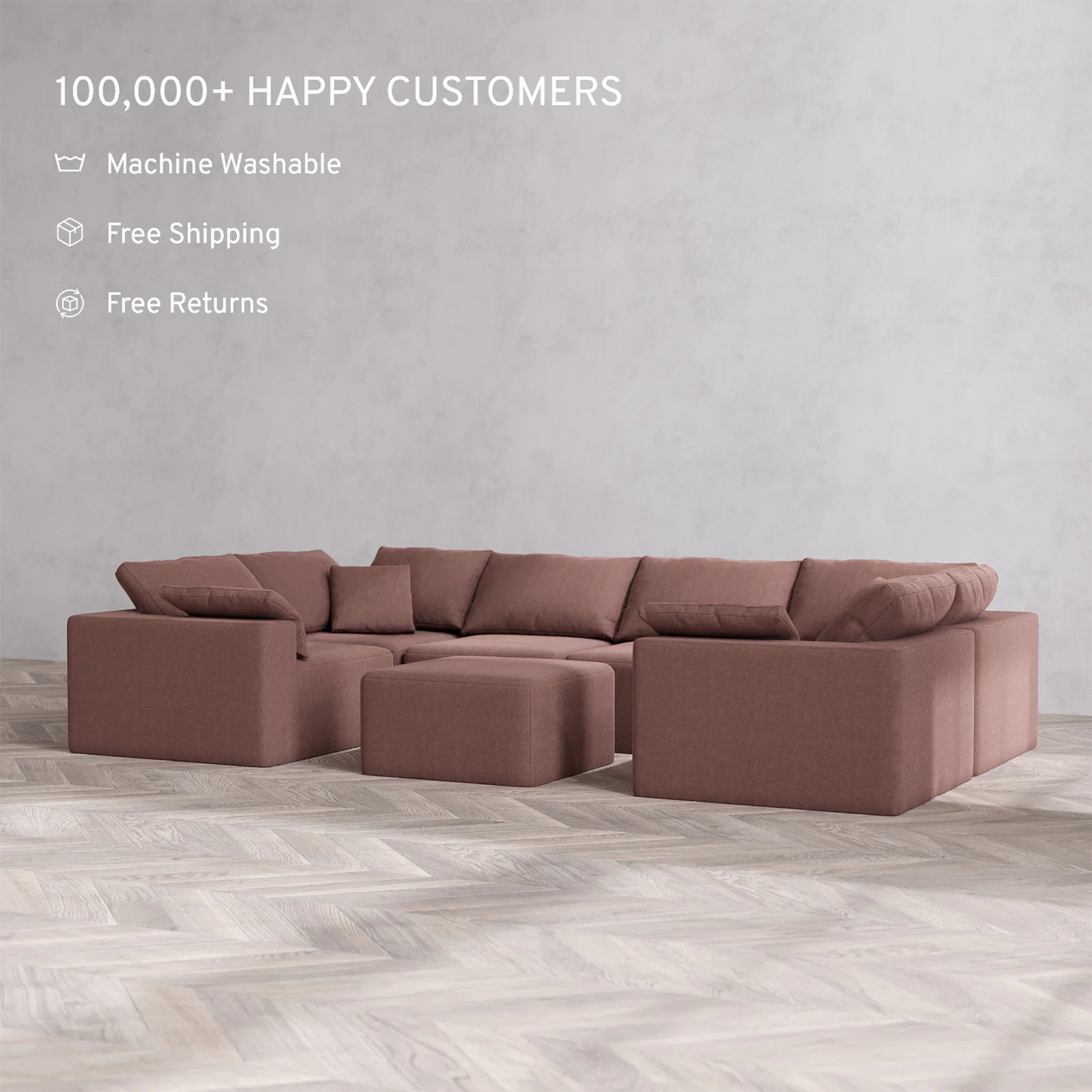 Slipcover Only - Modular Washable 6-Seater U Sectional + Ottoman Cloud Sofa in Sumac - Image 2